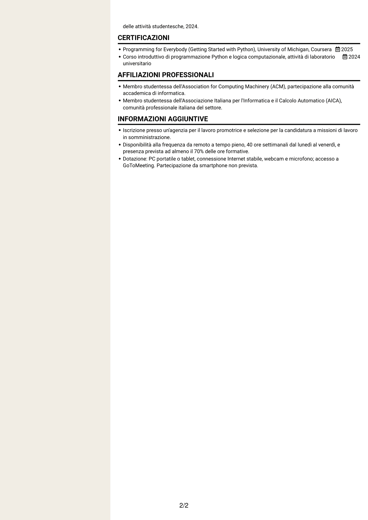 CV Intraprendente (formato a due colonne con intestazione centrata senza foto): Corso introduttivo di Python - Applicazioni basate sull'intelligenza artificiale, pagina 2