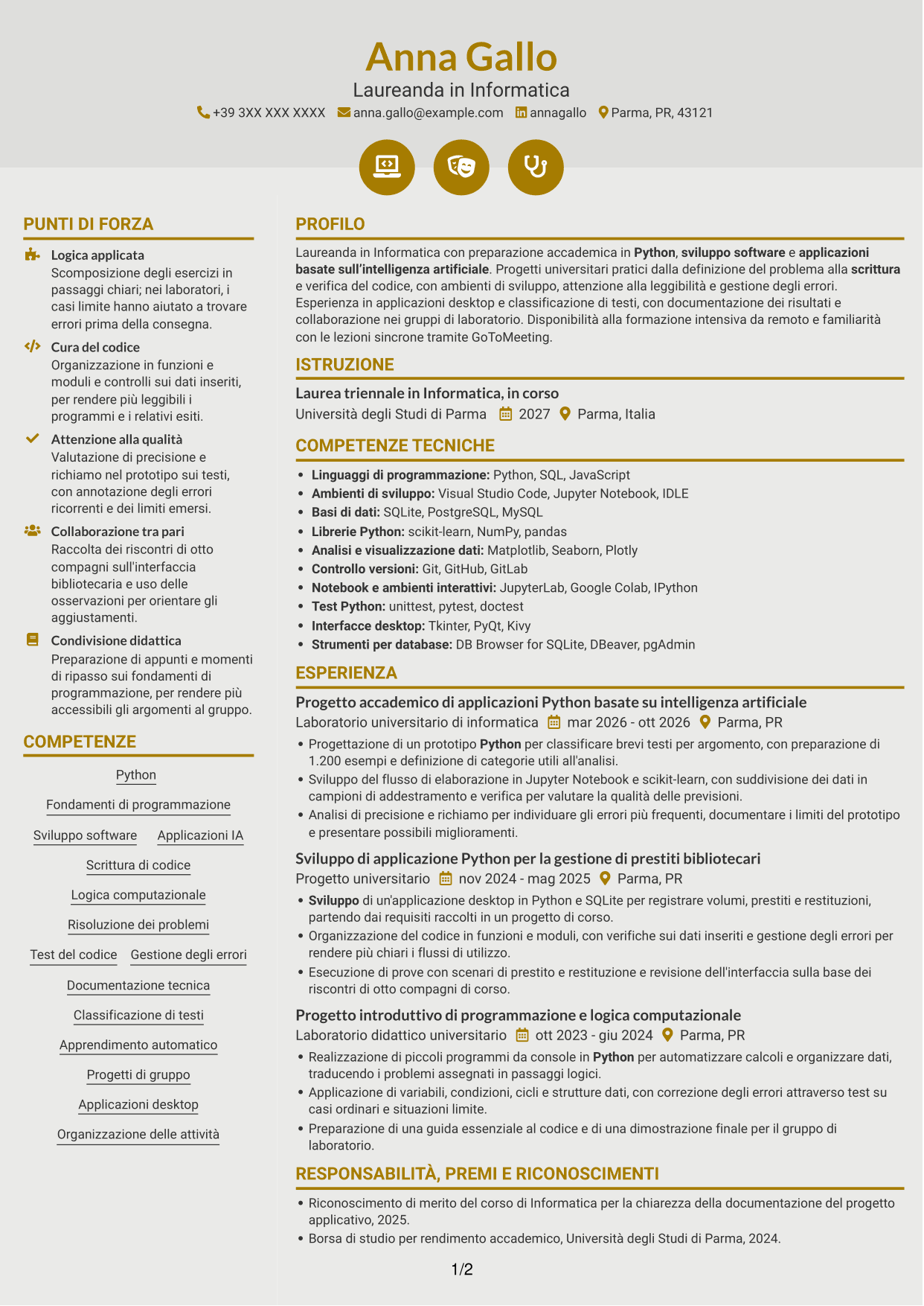 CV Dinamico (formato a due colonne con icone): Corso introduttivo di Python - Applicazioni basate sull'intelligenza artificiale, pagina 1