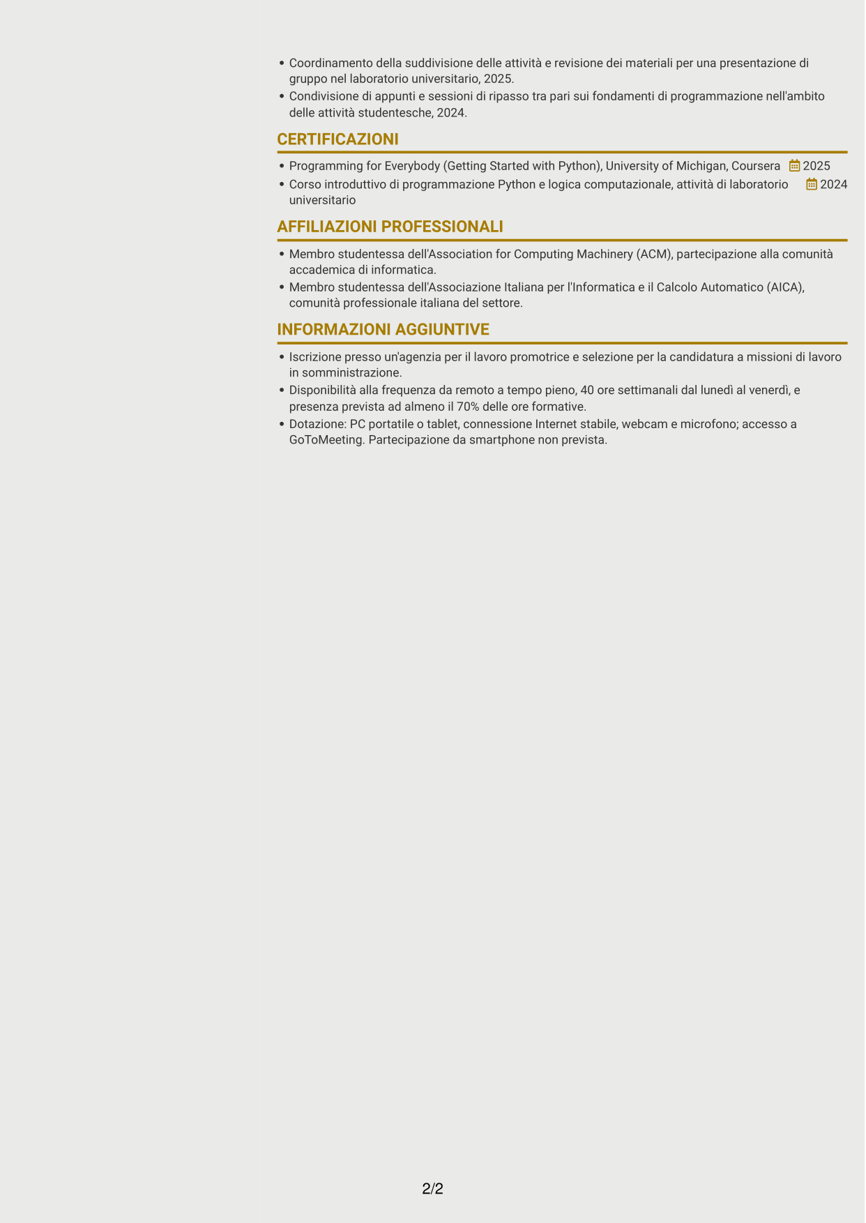 CV Dinamico (formato a due colonne con icone): Corso introduttivo di Python - Applicazioni basate sull'intelligenza artificiale, pagina 2