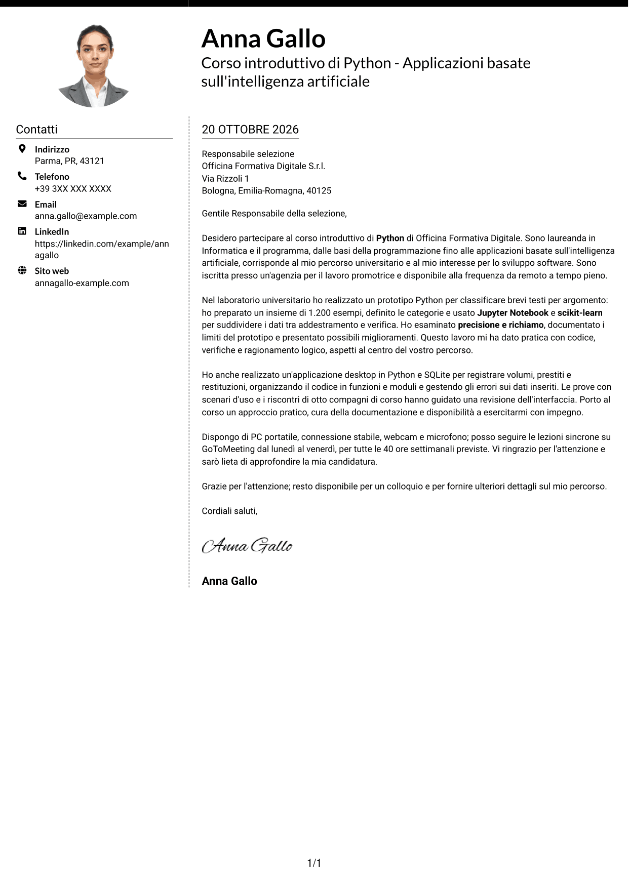 Lettera di presentazione Moderno (formato a due colonne con foto a sinistra e separatore): Corso introduttivo di Python - Applicazioni basate sull'intelligenza artificiale, pagina 1