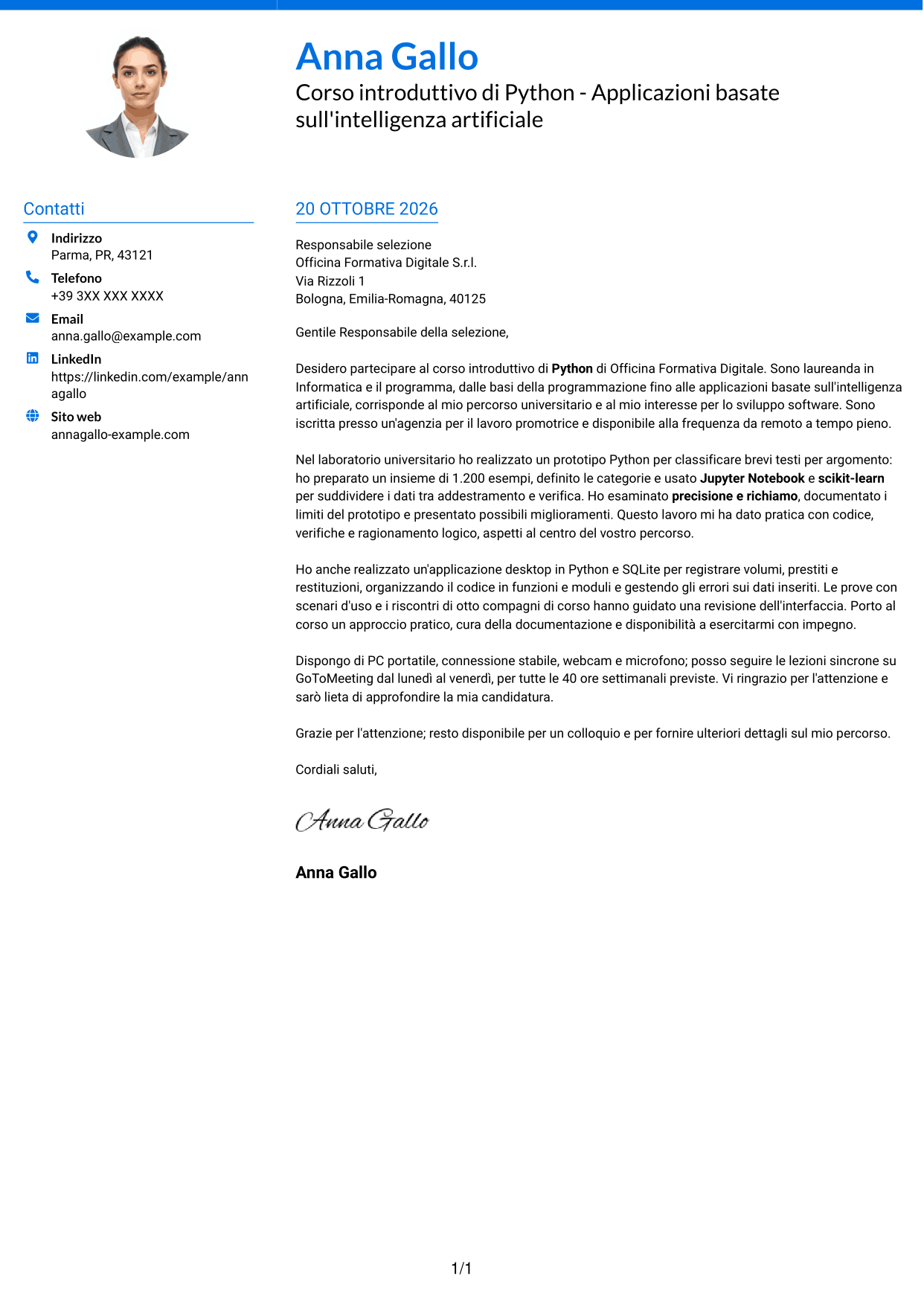 Lettera di presentazione Audace (formato a due colonne con accenti colorati e foto): Corso introduttivo di Python - Applicazioni basate sull'intelligenza artificiale, pagina 1