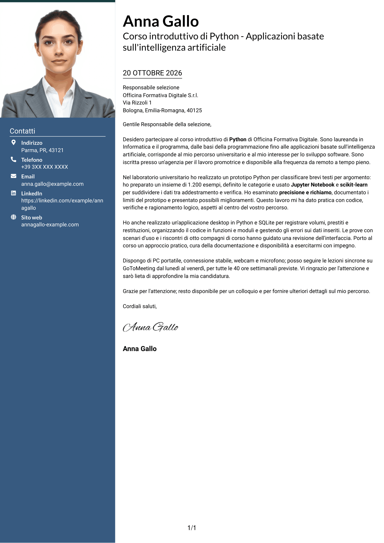 Lettera di presentazione Signature (formato con colonna laterale colorata e foto grande): Corso introduttivo di Python - Applicazioni basate sull'intelligenza artificiale, pagina 1