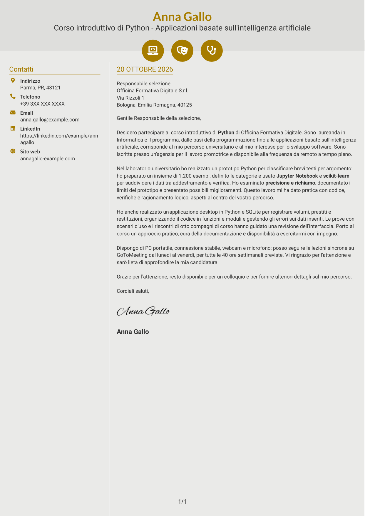 Lettera di presentazione Dinamico (formato a due colonne con icone): Corso introduttivo di Python - Applicazioni basate sull'intelligenza artificiale, pagina 1