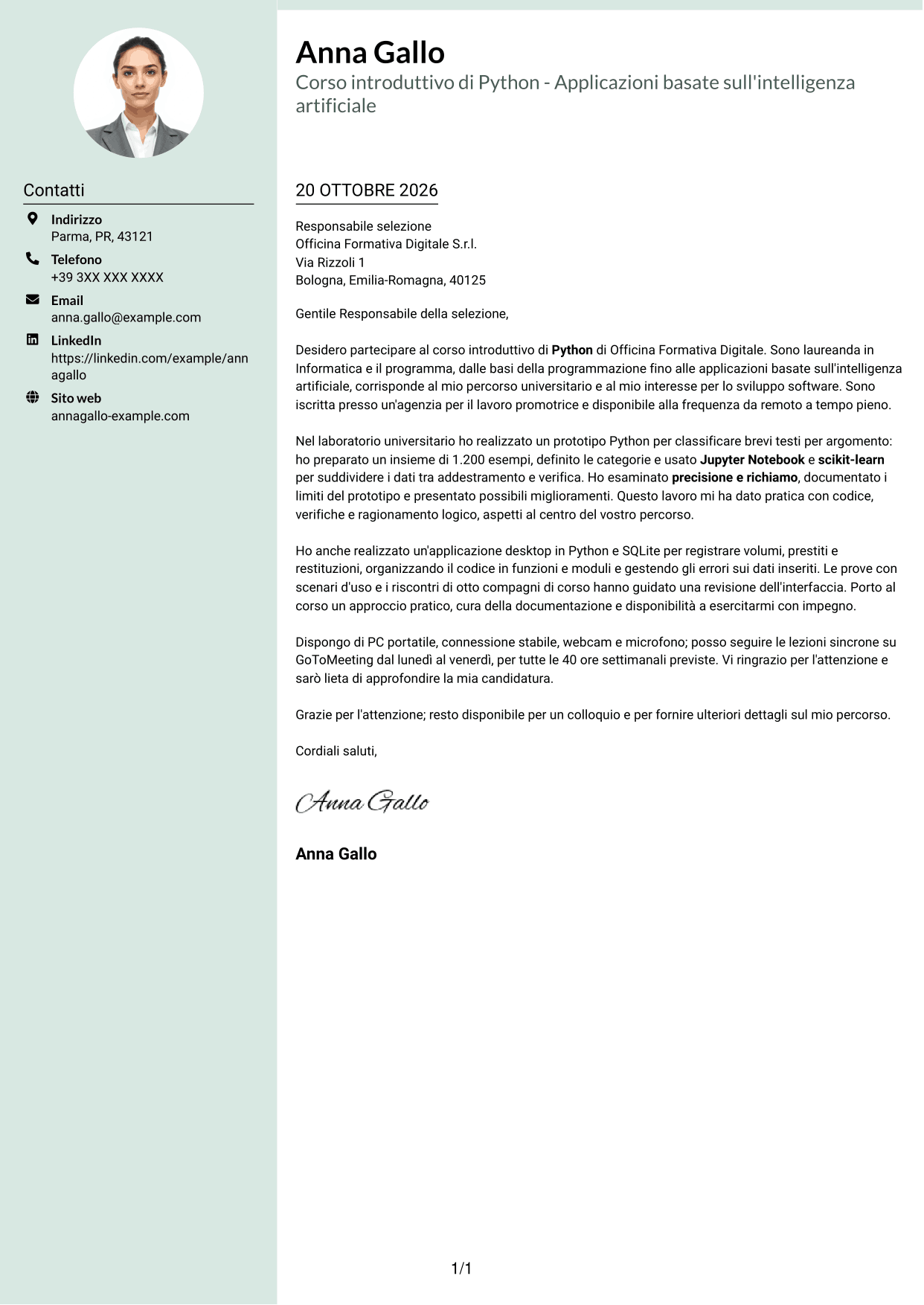 Lettera di presentazione Dirigente (formato con colonna laterale tenue e foto arrotondata): Corso introduttivo di Python - Applicazioni basate sull'intelligenza artificiale, pagina 1