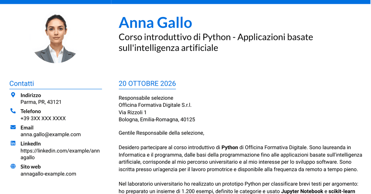 7 modelli di lettera di presentazione per Corso introduttivo di Python - Applicazioni basate sull'intelligenza artificiale, con esempi