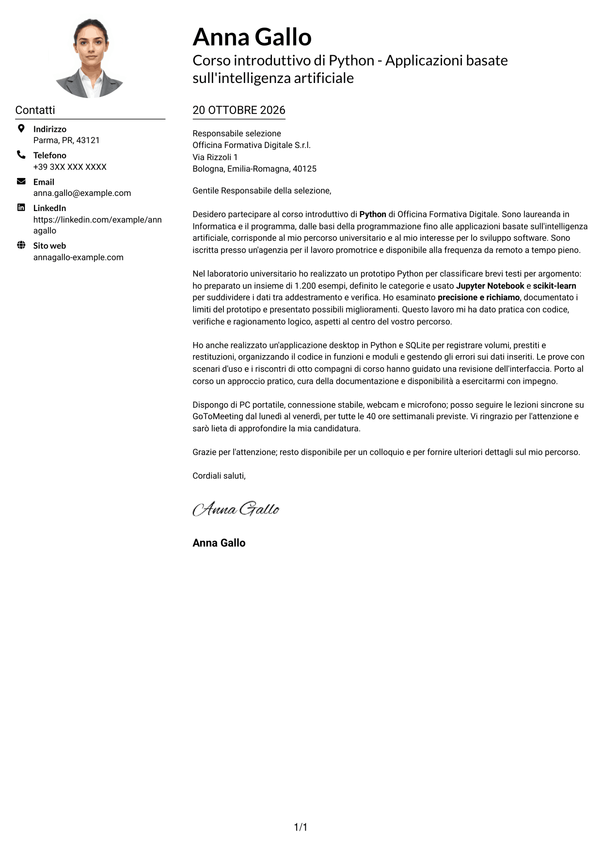 Esempio di lettera di presentazione — pagina 1