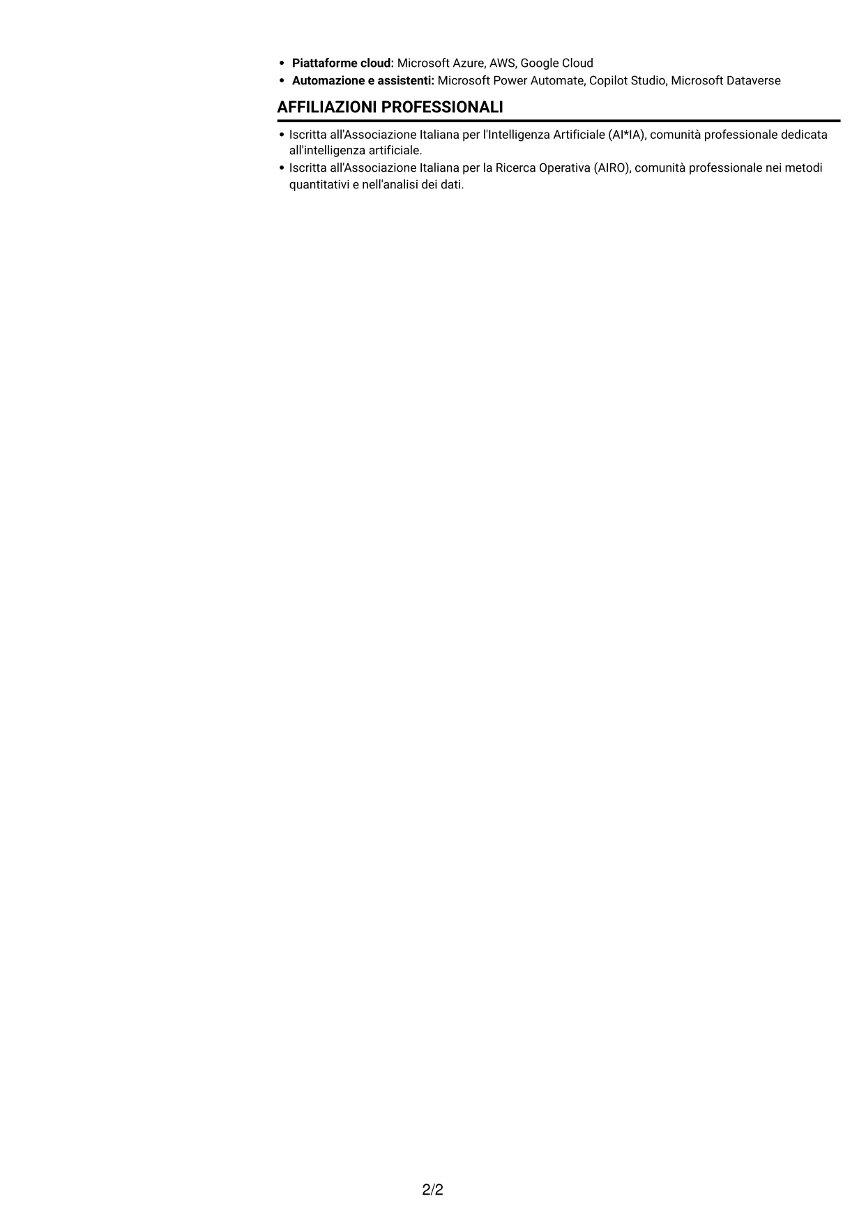 CV Compatto (formato sobrio a due colonne con foto): Data Scientist / AI Engineer - GenAI e AI agentica, pagina 2