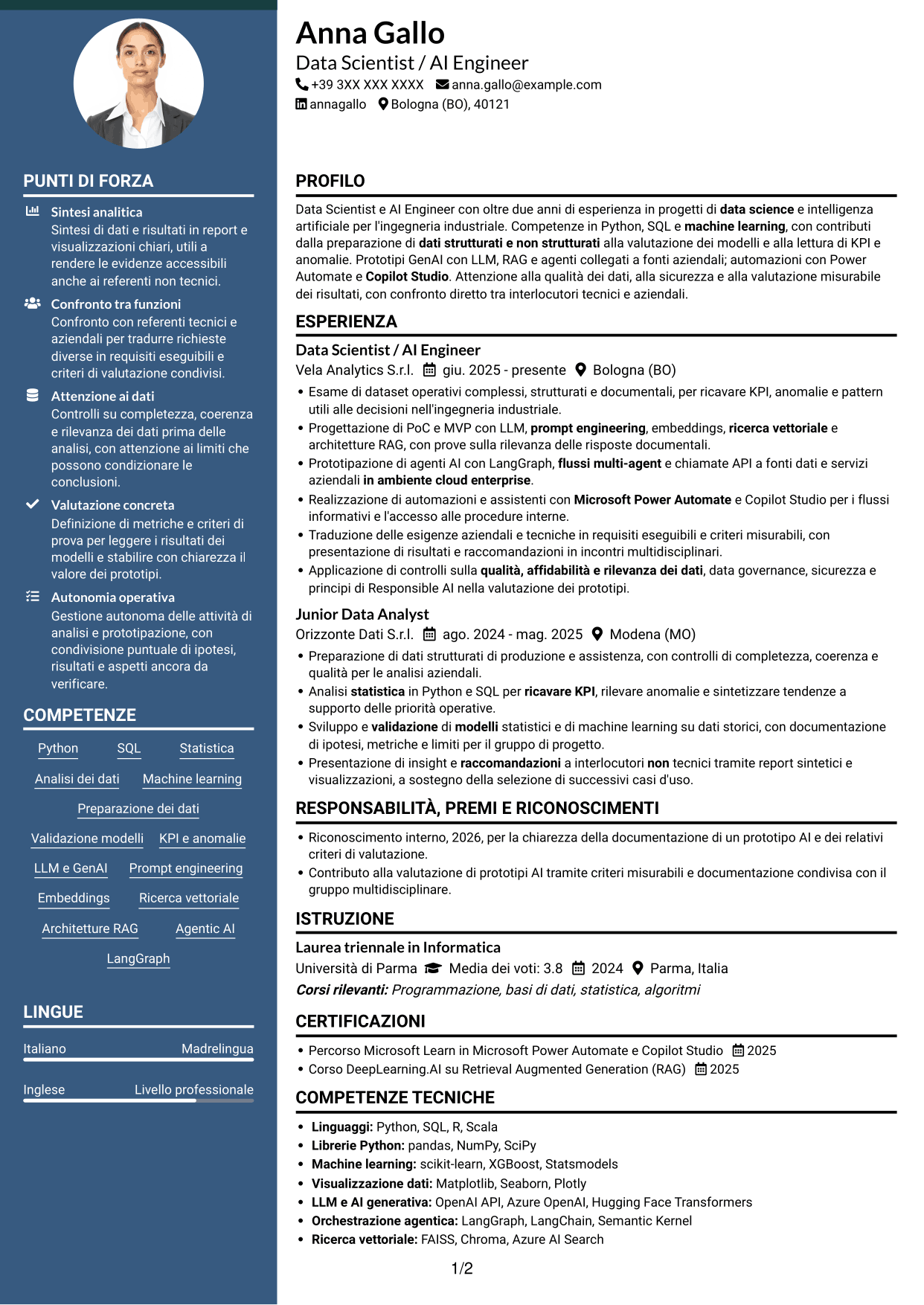 CV Elegante (formato con colonna laterale colorata e foto): Data Scientist / AI Engineer - GenAI e AI agentica, pagina 1
