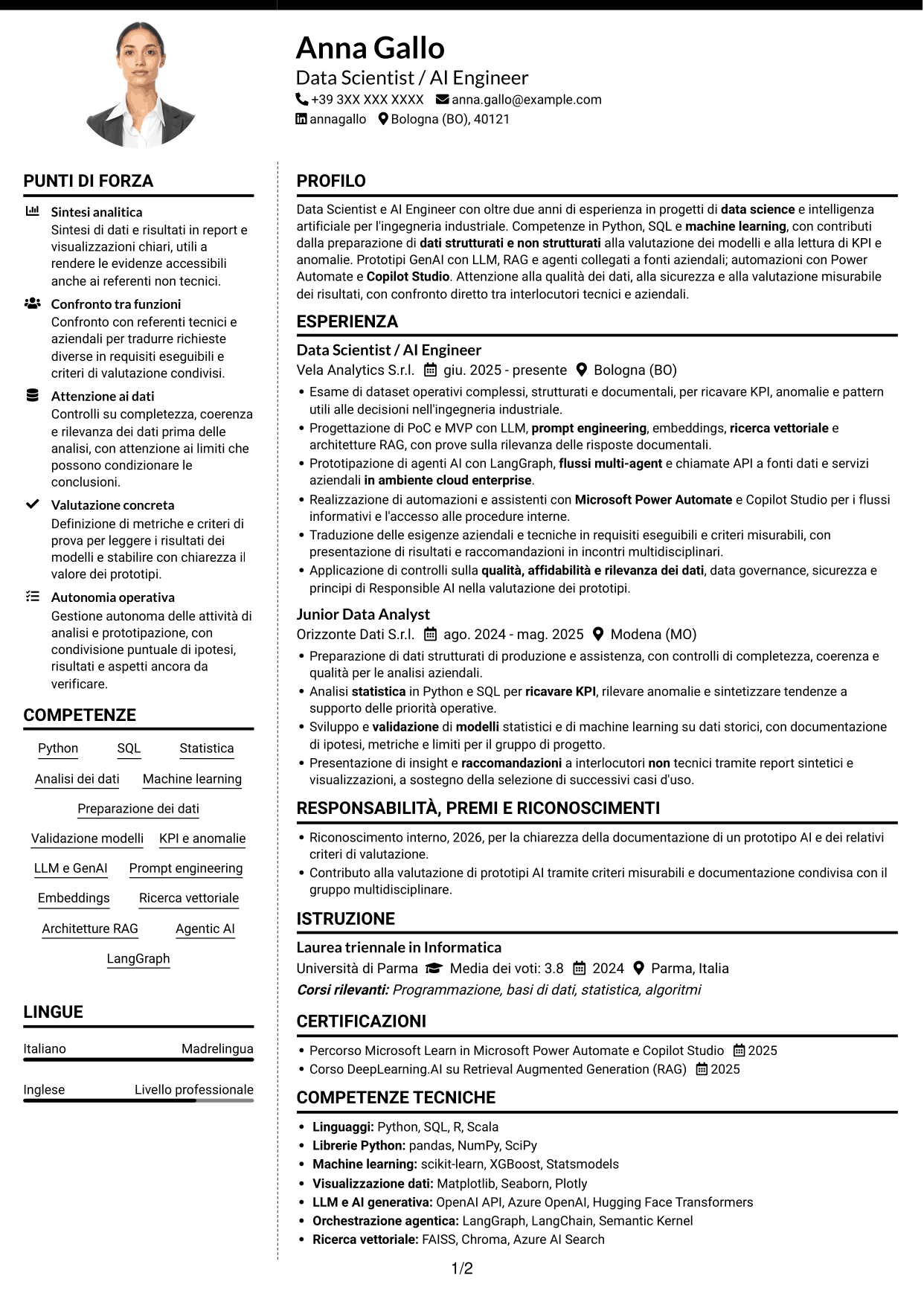 CV Moderno (formato a due colonne con foto a sinistra e separatore): Data Scientist / AI Engineer - GenAI e AI agentica, pagina 1