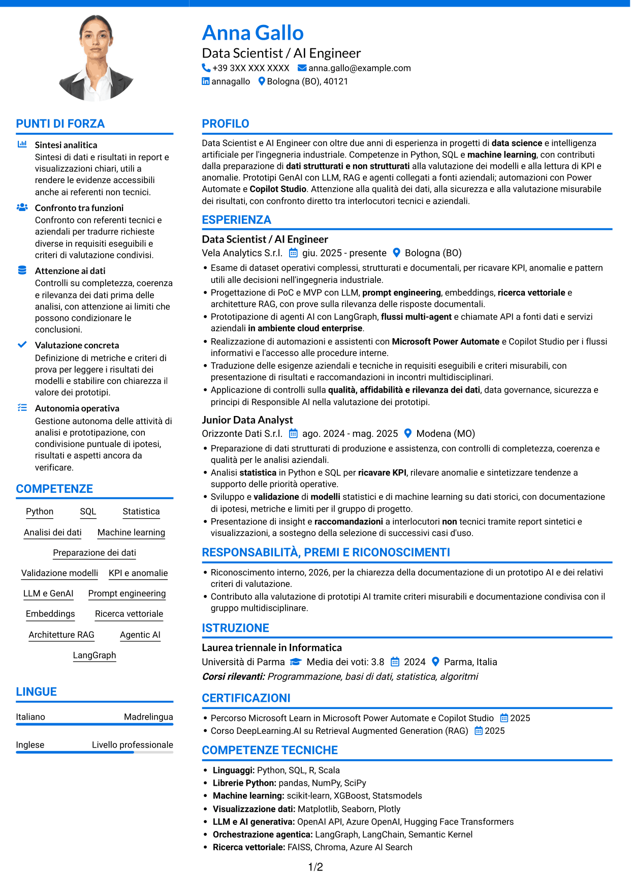 CV Audace (formato a due colonne con accenti colorati e foto): Data Scientist / AI Engineer - GenAI e AI agentica, pagina 1