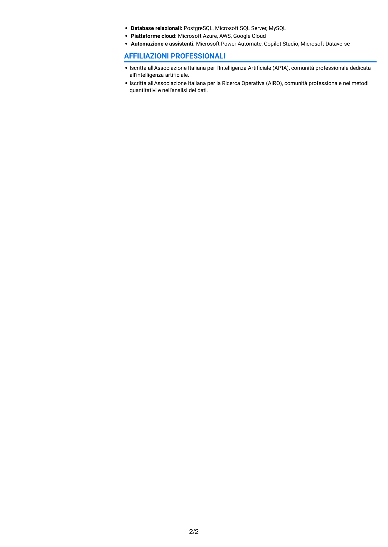 CV Audace (formato a due colonne con accenti colorati e foto): Data Scientist / AI Engineer - GenAI e AI agentica, pagina 2