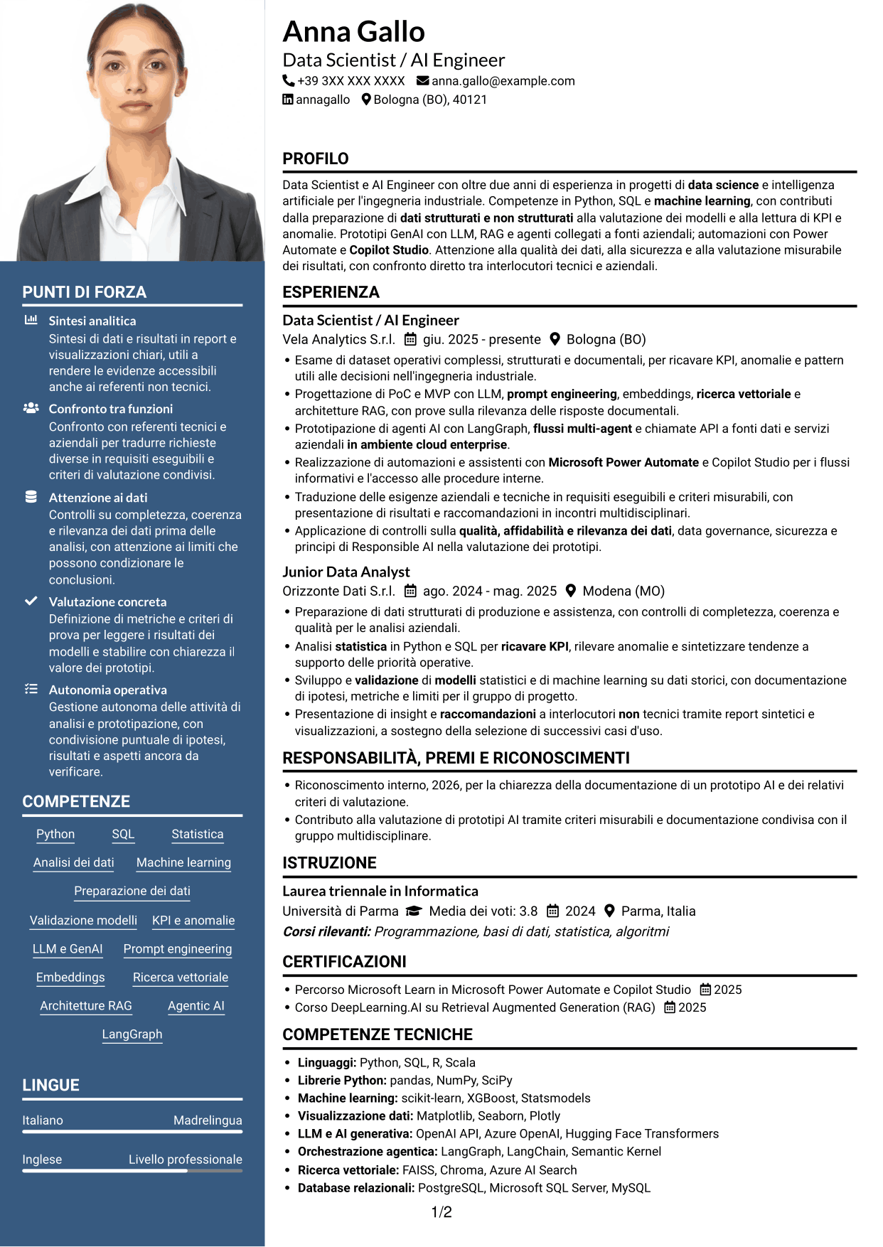 CV Signature (formato con colonna laterale colorata e foto grande): Data Scientist / AI Engineer - GenAI e AI agentica, pagina 1