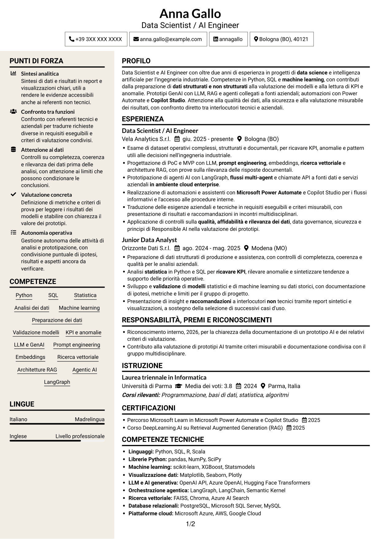 CV Intraprendente (formato a due colonne con intestazione centrata senza foto): Data Scientist / AI Engineer - GenAI e AI agentica, pagina 1