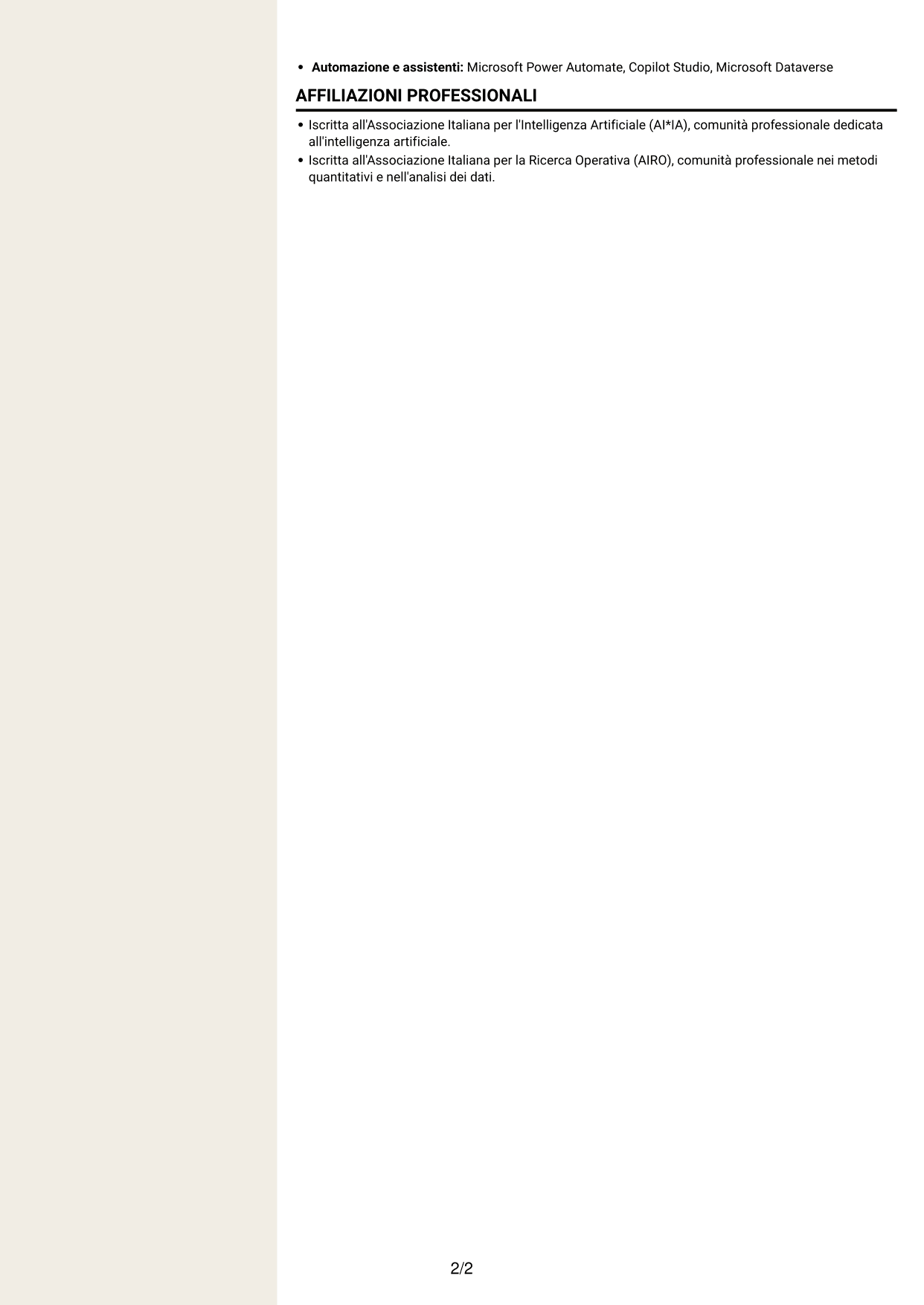 CV Intraprendente (formato a due colonne con intestazione centrata senza foto): Data Scientist / AI Engineer - GenAI e AI agentica, pagina 2