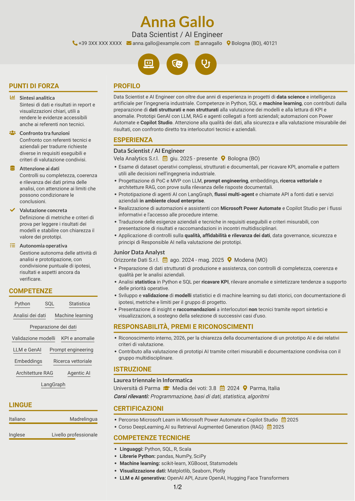 CV Dinamico (formato a due colonne con icone): Data Scientist / AI Engineer - GenAI e AI agentica, pagina 1