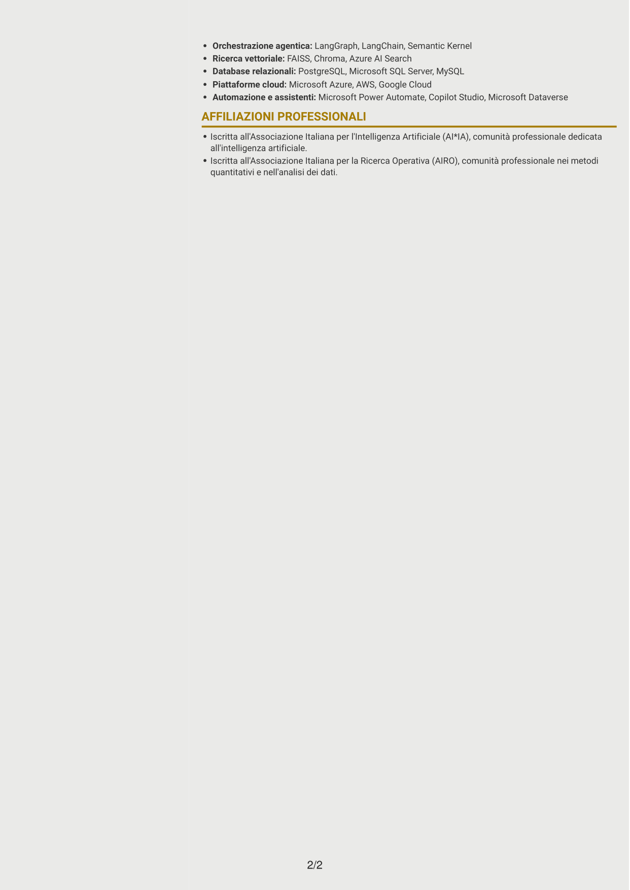 CV Dinamico (formato a due colonne con icone): Data Scientist / AI Engineer - GenAI e AI agentica, pagina 2