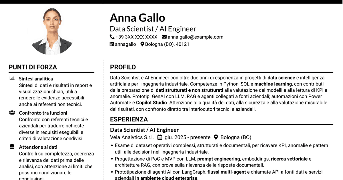 7 modelli di CV per Data Scientist / AI Engineer - GenAI e AI agentica, con esempi