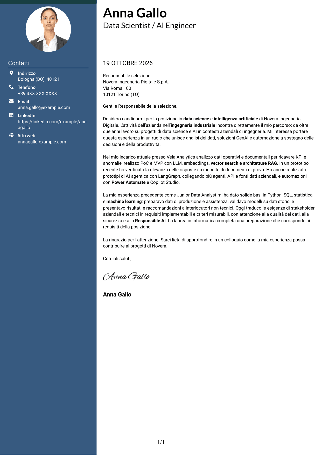 Lettera di presentazione Elegante (formato con colonna laterale colorata e foto): Data Scientist / AI Engineer - GenAI e AI agentica, pagina 1