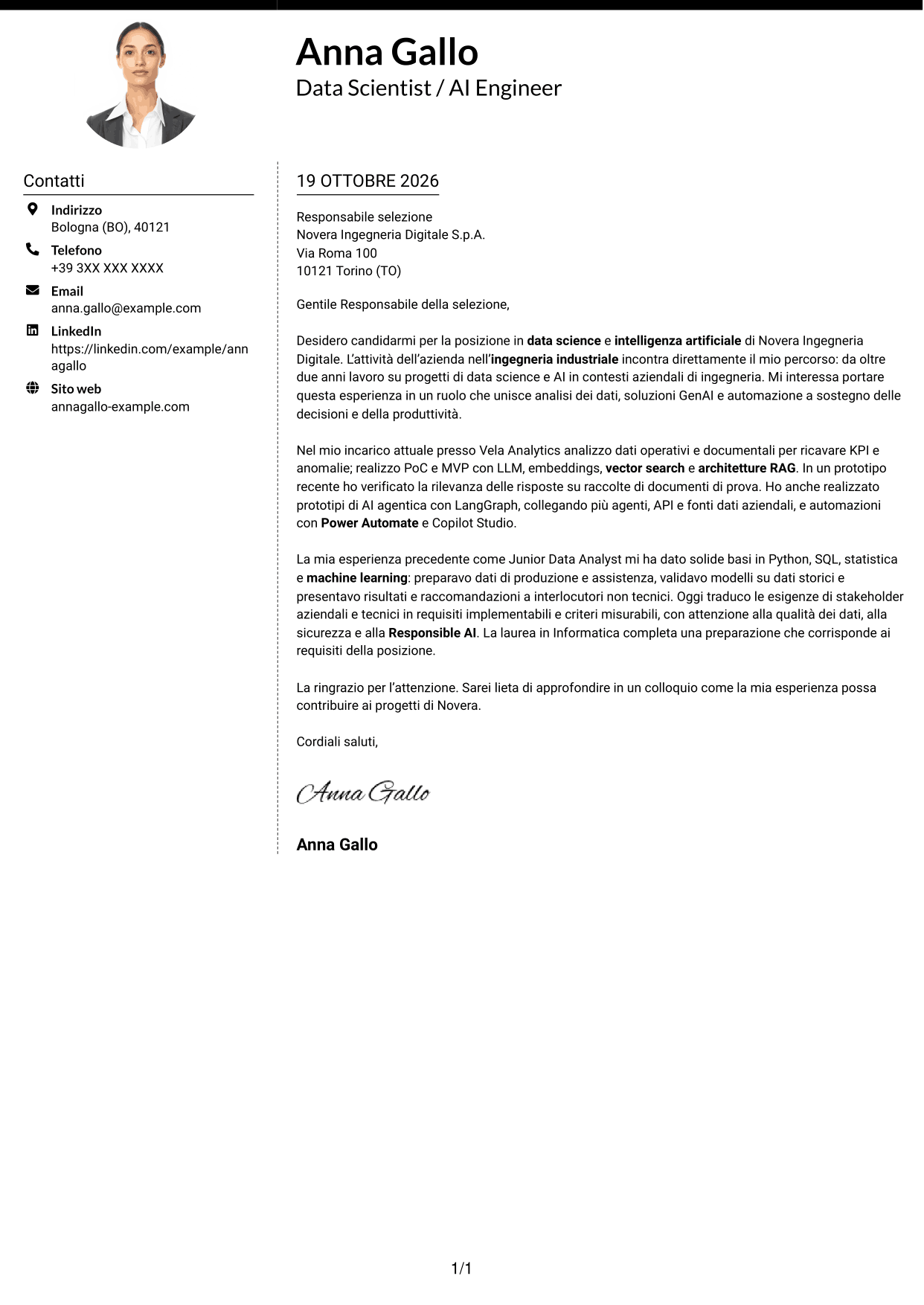 Lettera di presentazione Moderno (formato a due colonne con foto a sinistra e separatore): Data Scientist / AI Engineer - GenAI e AI agentica, pagina 1
