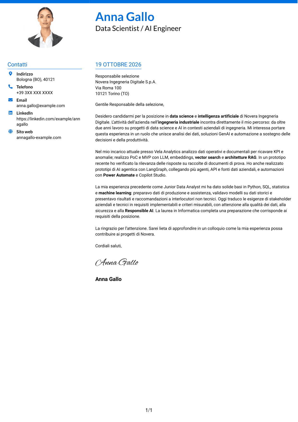 Lettera di presentazione Audace (formato a due colonne con accenti colorati e foto): Data Scientist / AI Engineer - GenAI e AI agentica, pagina 1
