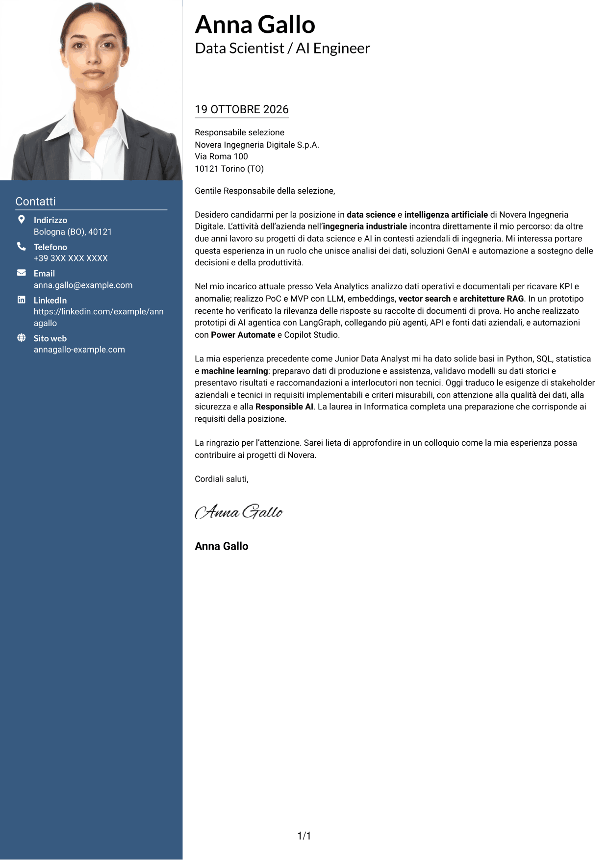 Lettera di presentazione Signature (formato con colonna laterale colorata e foto grande): Data Scientist / AI Engineer - GenAI e AI agentica, pagina 1