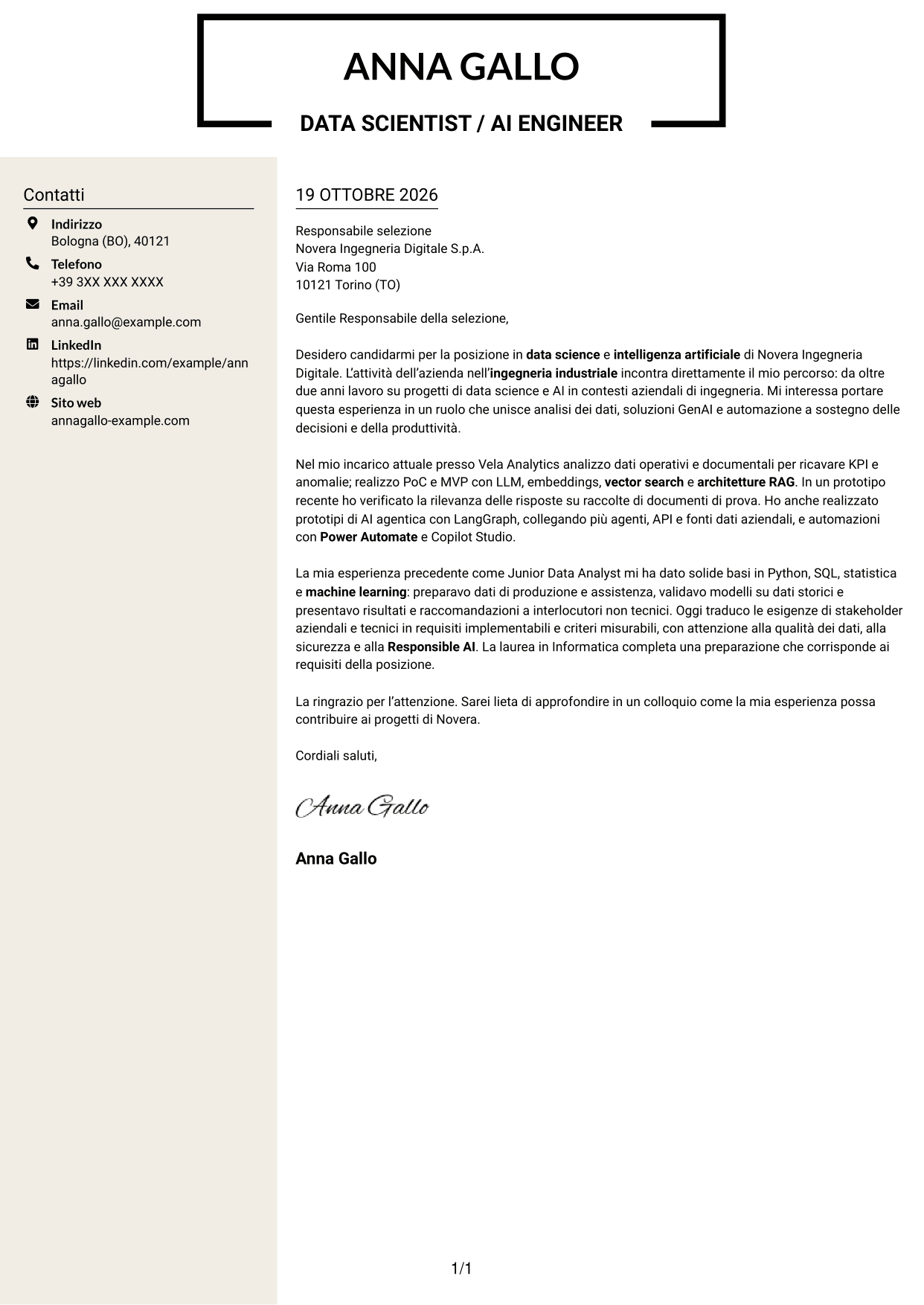 Lettera di presentazione Intraprendente (formato a due colonne con intestazione centrata senza foto): Data Scientist / AI Engineer - GenAI e AI agentica, pagina 1
