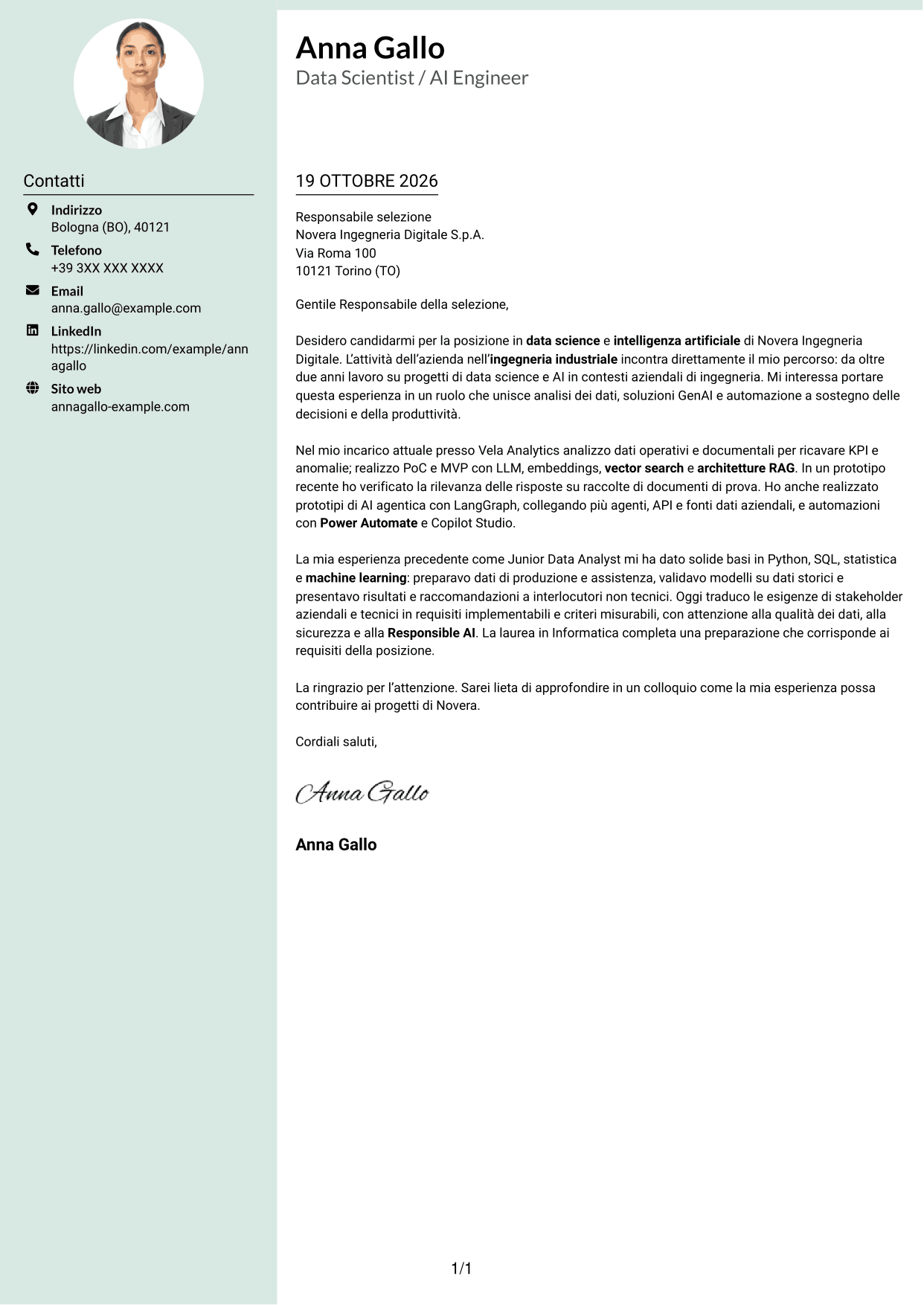 Lettera di presentazione Dirigente (formato con colonna laterale tenue e foto arrotondata): Data Scientist / AI Engineer - GenAI e AI agentica, pagina 1