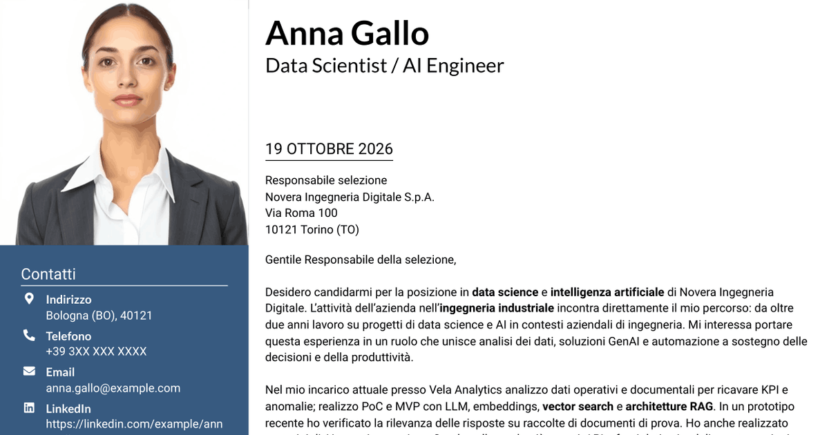 7 modelli di lettera di presentazione per Data Scientist / AI Engineer - GenAI e AI agentica, con esempi