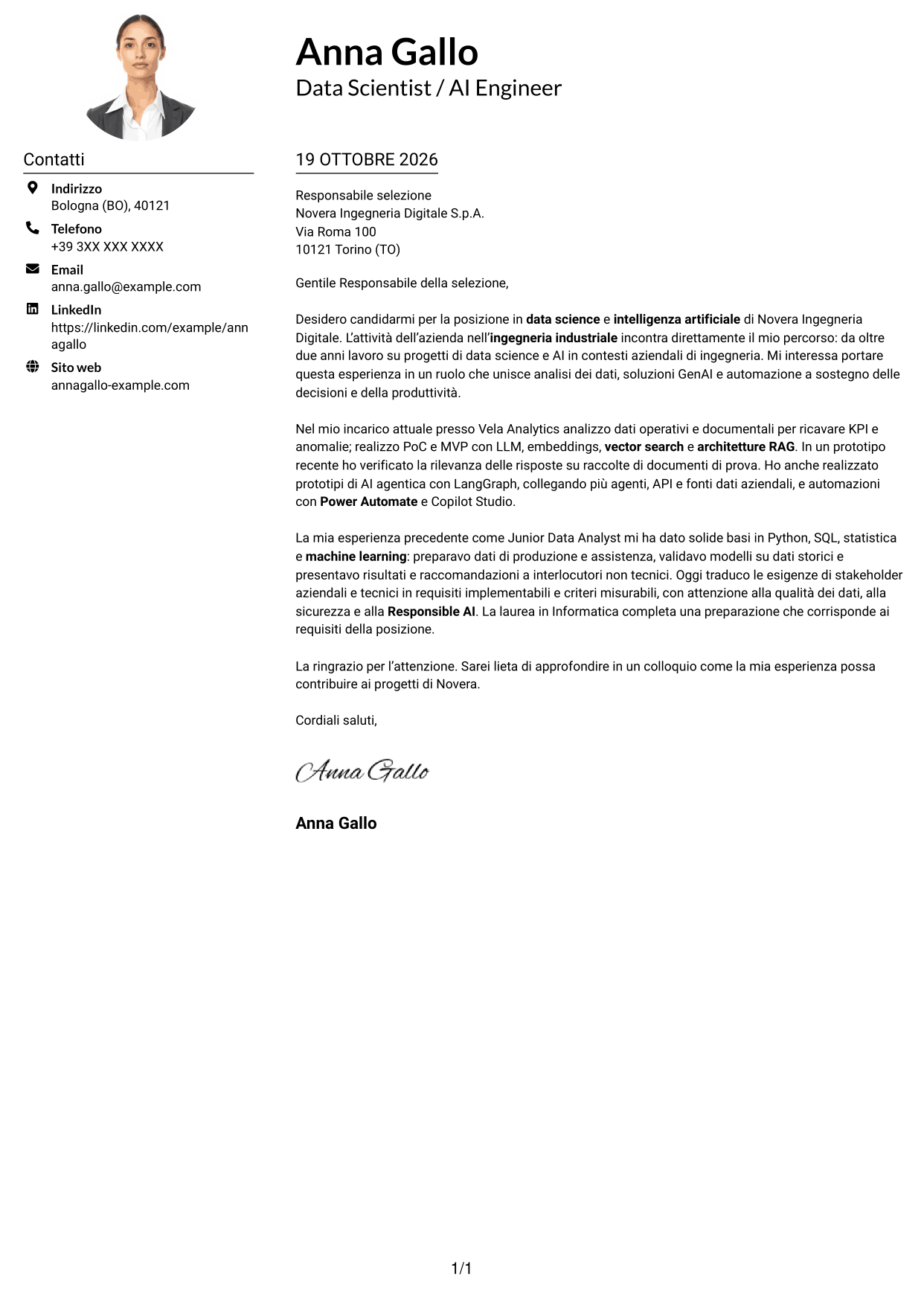 Esempio di lettera di presentazione — pagina 1