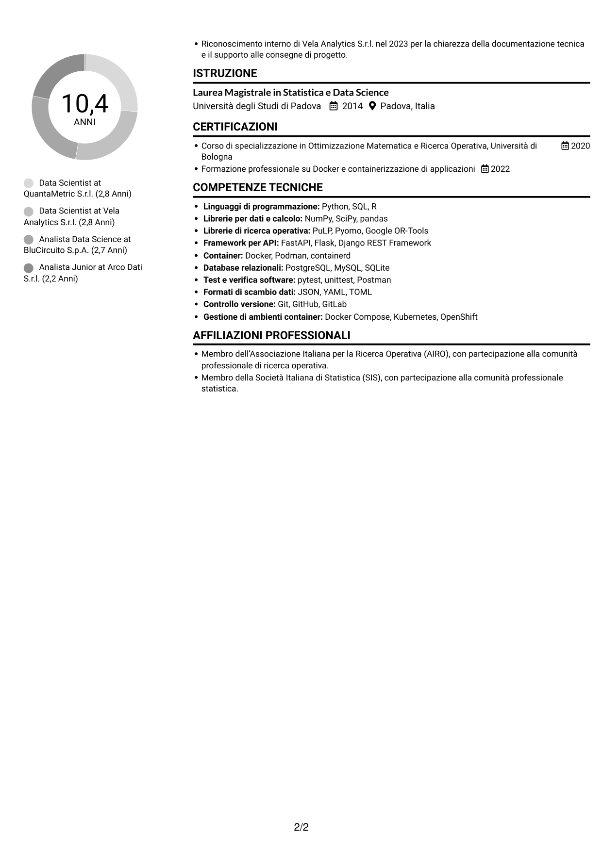 CV Compatto (formato sobrio a due colonne con foto): Data Scientist - Python e Ricerca Operativa, pagina 2