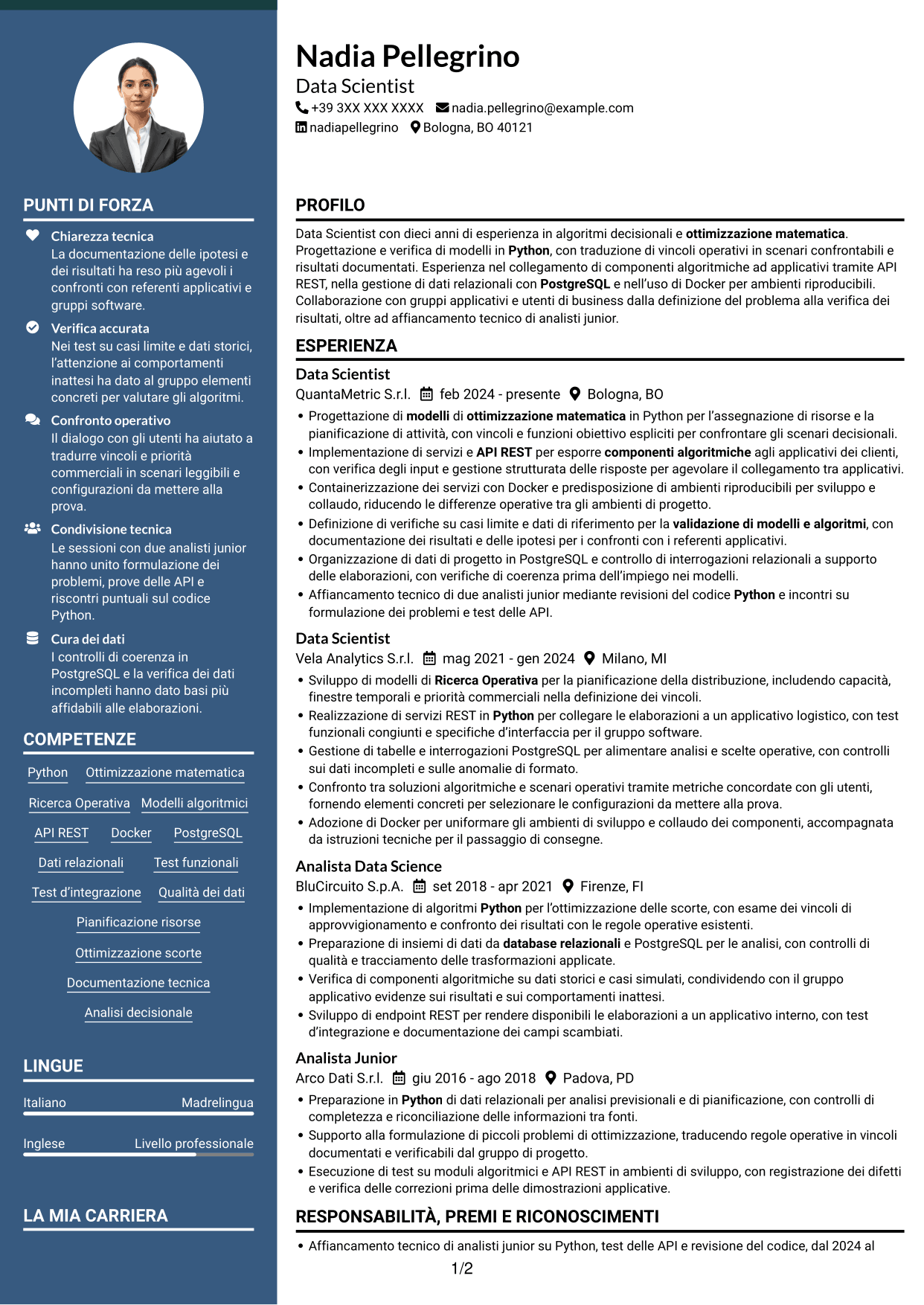 CV Elegante (formato con colonna laterale colorata e foto): Data Scientist - Python e Ricerca Operativa, pagina 1