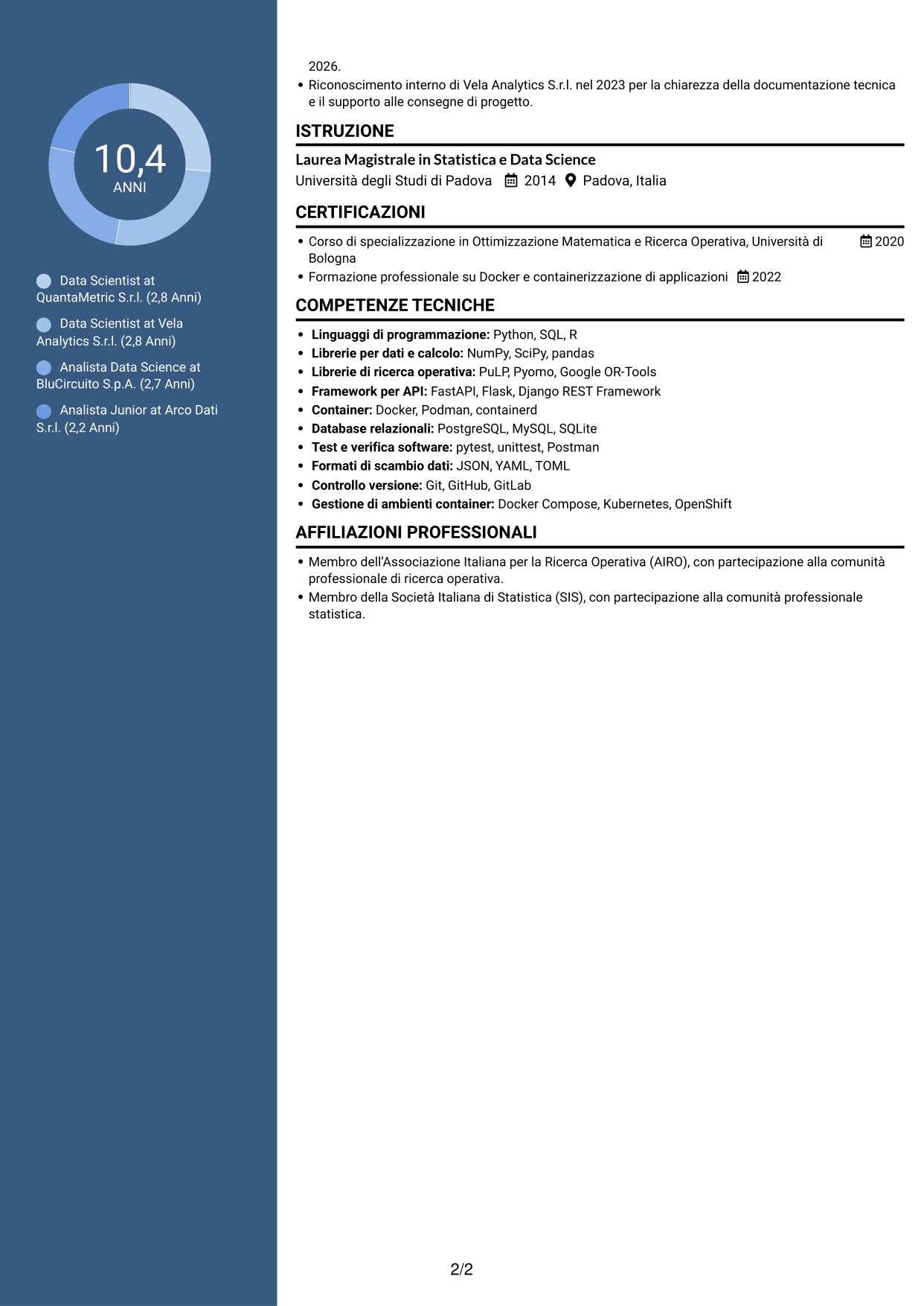 CV Elegante (formato con colonna laterale colorata e foto): Data Scientist - Python e Ricerca Operativa, pagina 2