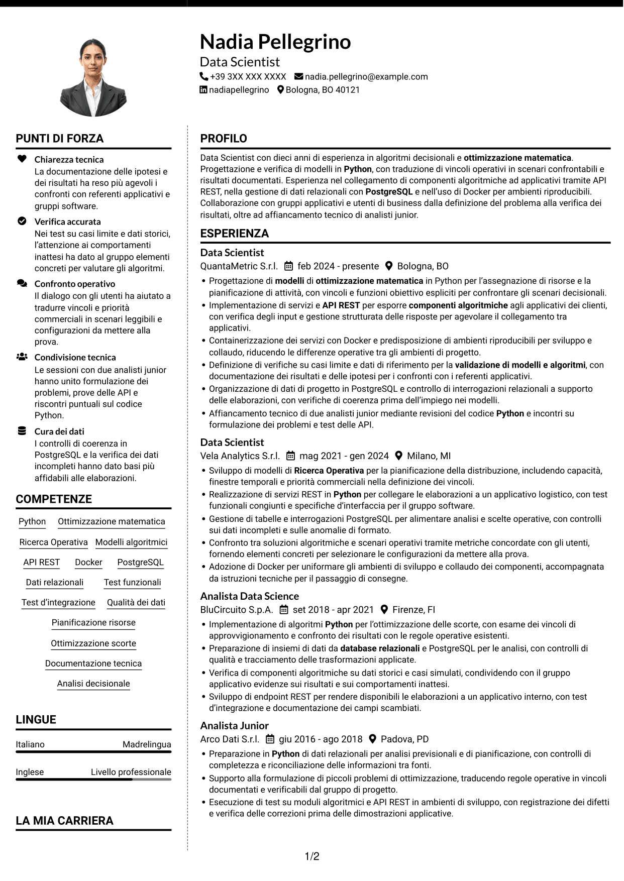 CV Moderno (formato a due colonne con foto a sinistra e separatore): Data Scientist - Python e Ricerca Operativa, pagina 1