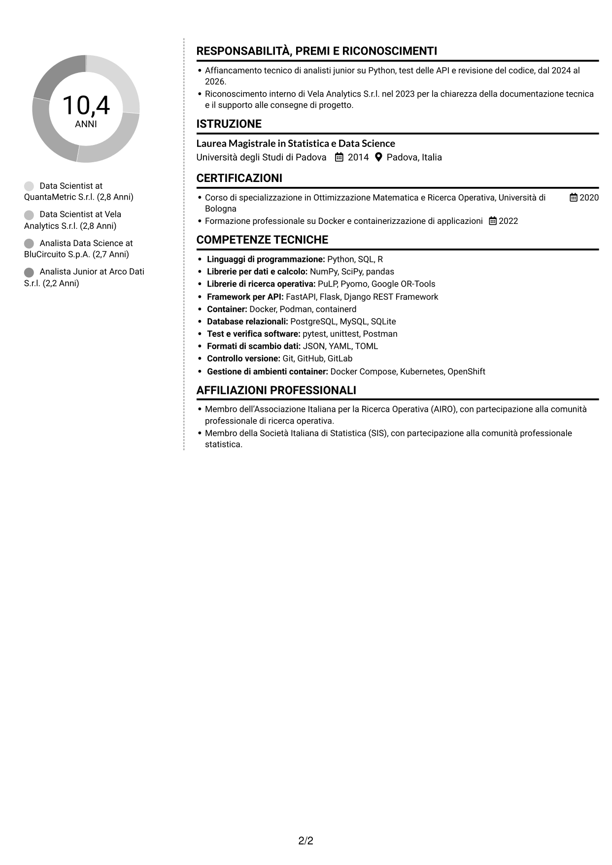 CV Moderno (formato a due colonne con foto a sinistra e separatore): Data Scientist - Python e Ricerca Operativa, pagina 2