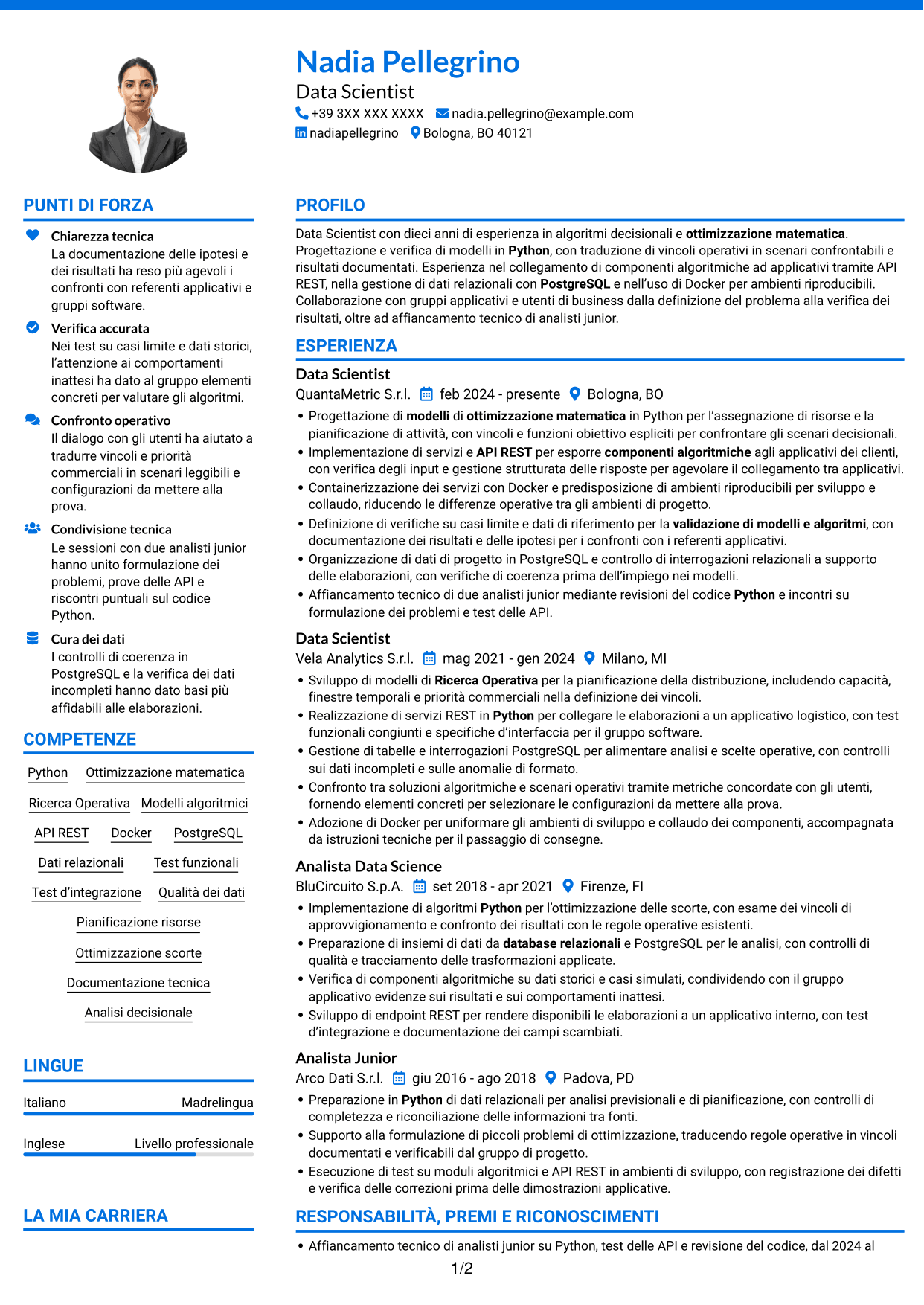 CV Audace (formato a due colonne con accenti colorati e foto): Data Scientist - Python e Ricerca Operativa, pagina 1