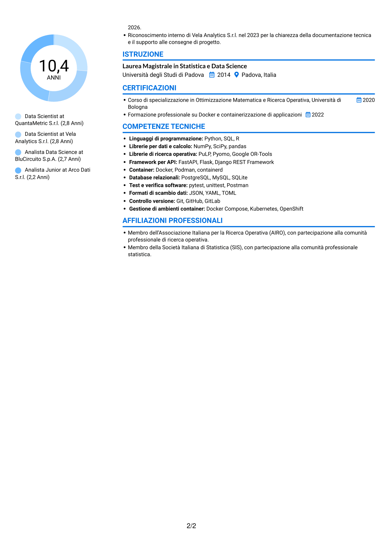 CV Audace (formato a due colonne con accenti colorati e foto): Data Scientist - Python e Ricerca Operativa, pagina 2