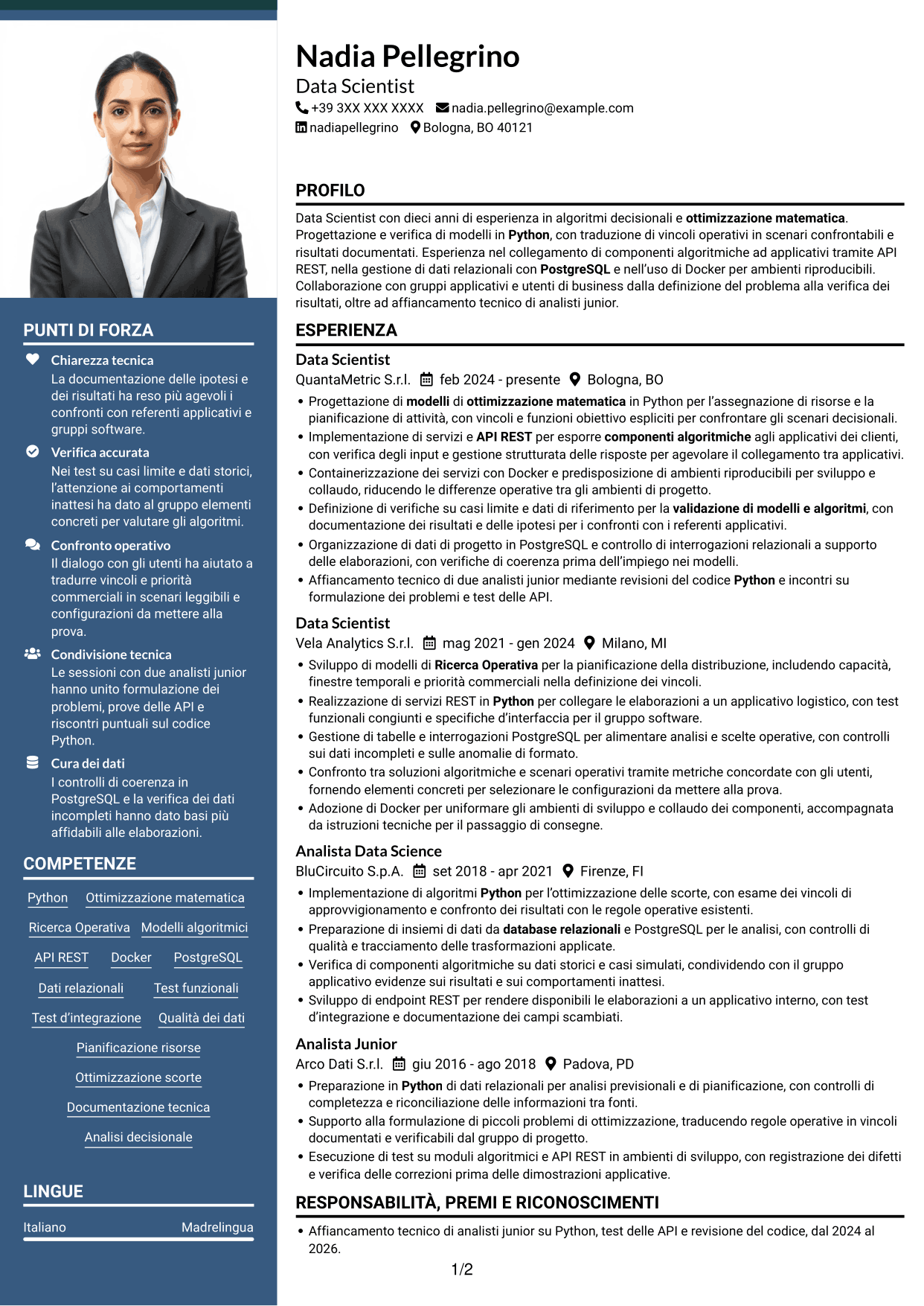 CV Signature (formato con colonna laterale colorata e foto grande): Data Scientist - Python e Ricerca Operativa, pagina 1