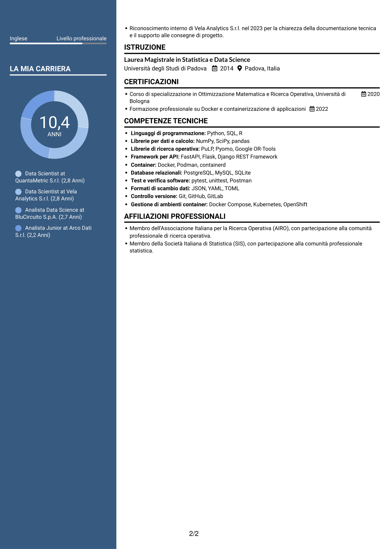 CV Signature (formato con colonna laterale colorata e foto grande): Data Scientist - Python e Ricerca Operativa, pagina 2