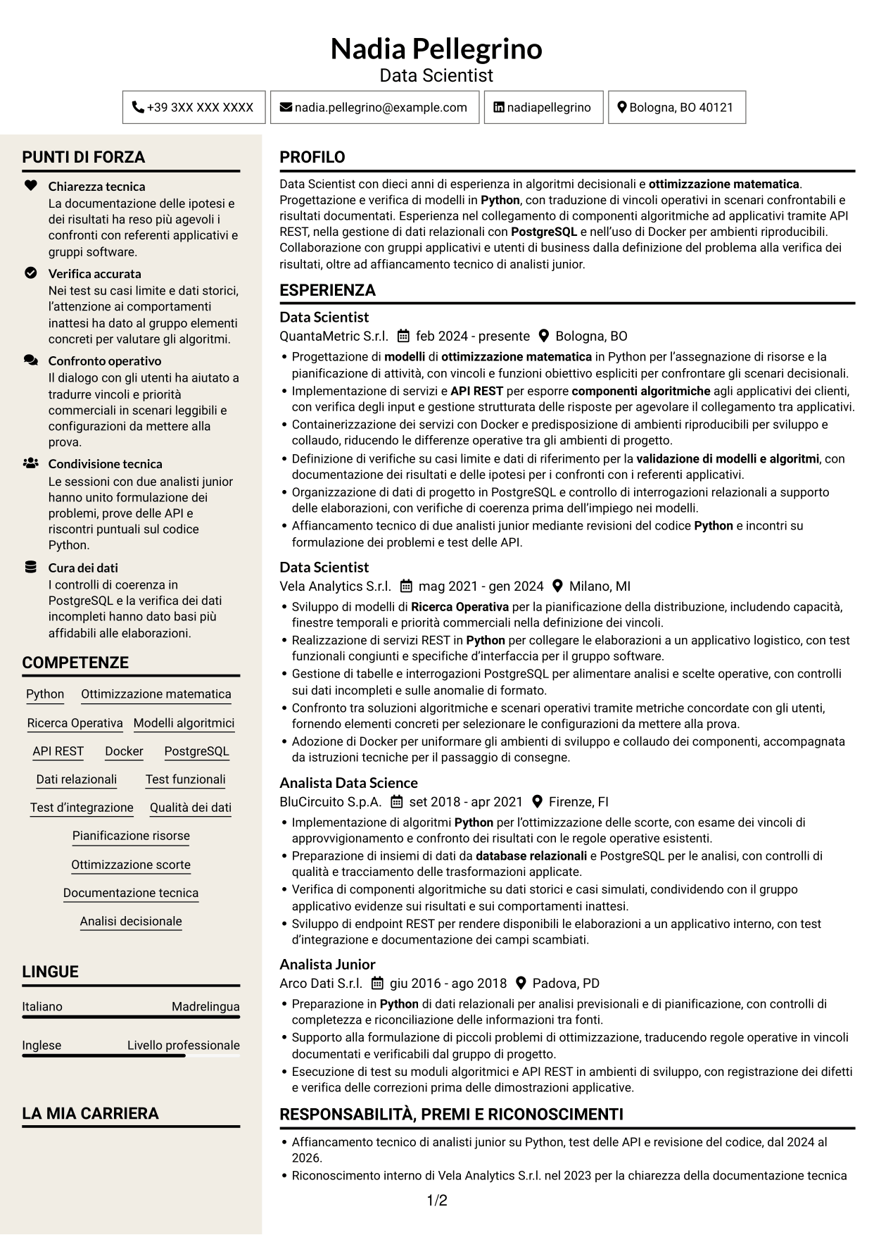 CV Intraprendente (formato a due colonne con intestazione centrata senza foto): Data Scientist - Python e Ricerca Operativa, pagina 1