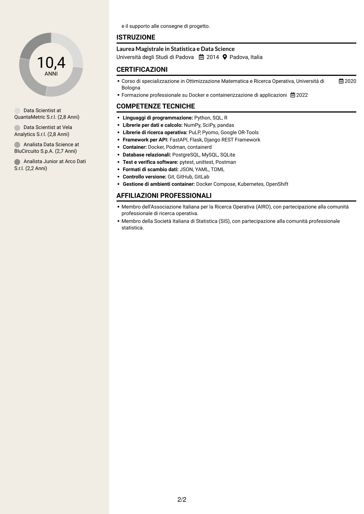 CV Intraprendente (formato a due colonne con intestazione centrata senza foto): Data Scientist - Python e Ricerca Operativa, pagina 2