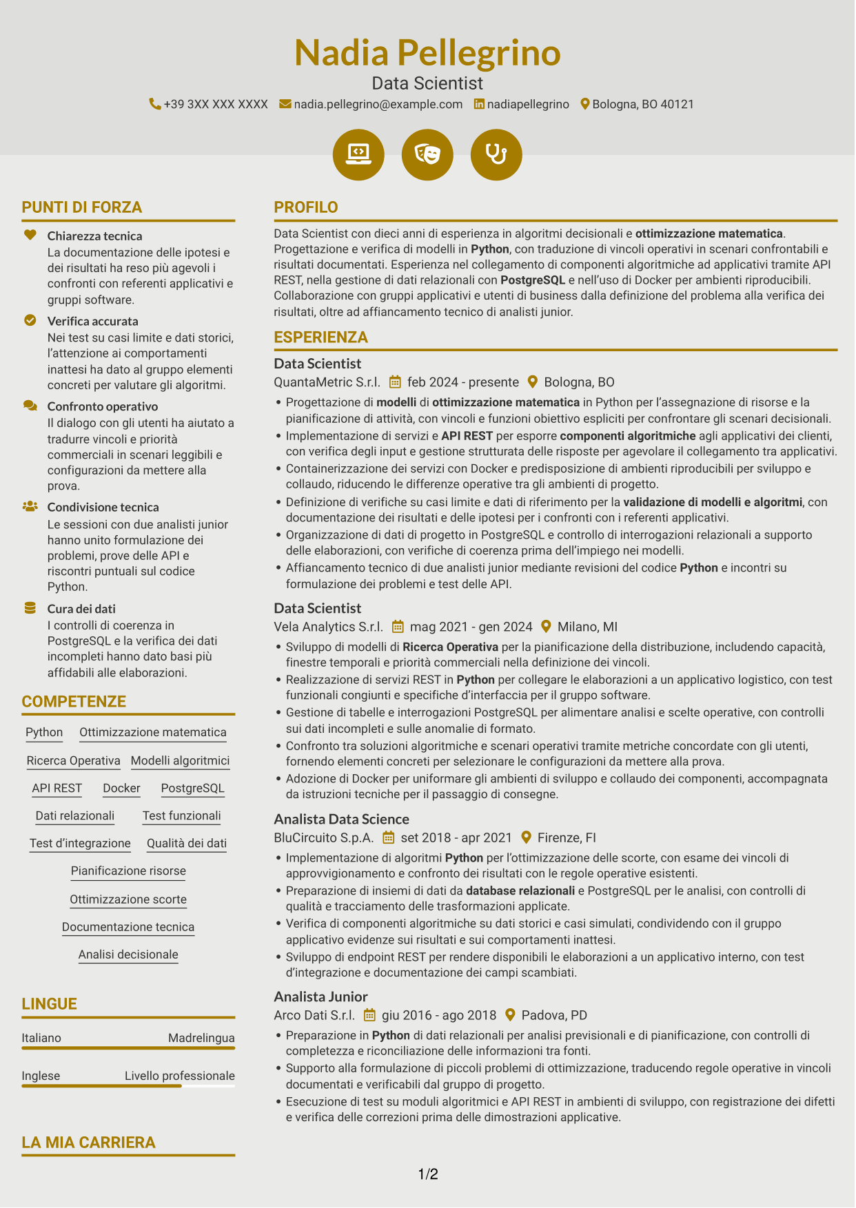 CV Dinamico (formato a due colonne con icone): Data Scientist - Python e Ricerca Operativa, pagina 1