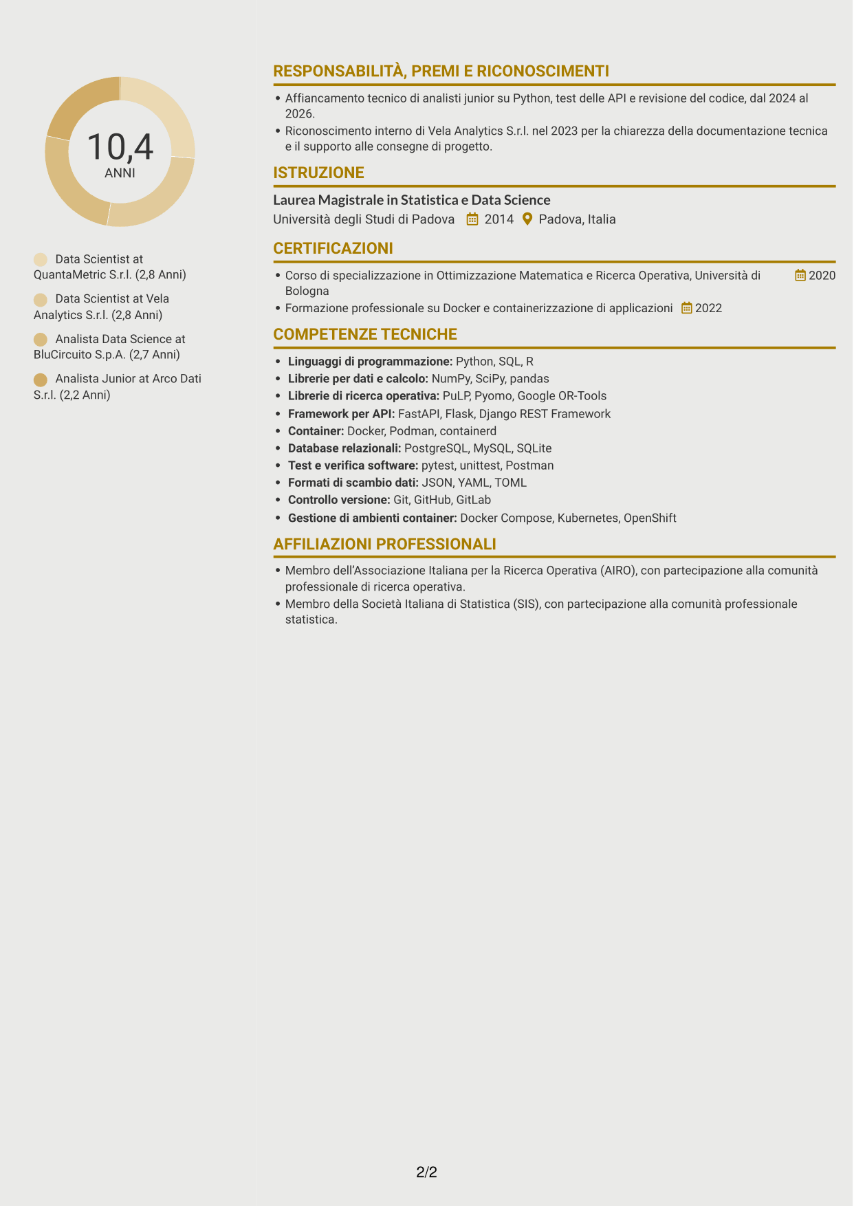 CV Dinamico (formato a due colonne con icone): Data Scientist - Python e Ricerca Operativa, pagina 2