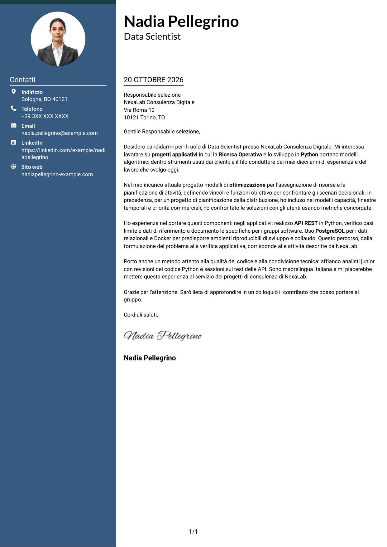 Lettera di presentazione Elegante (formato con colonna laterale colorata e foto): Data Scientist - Python e Ricerca Operativa, pagina 1