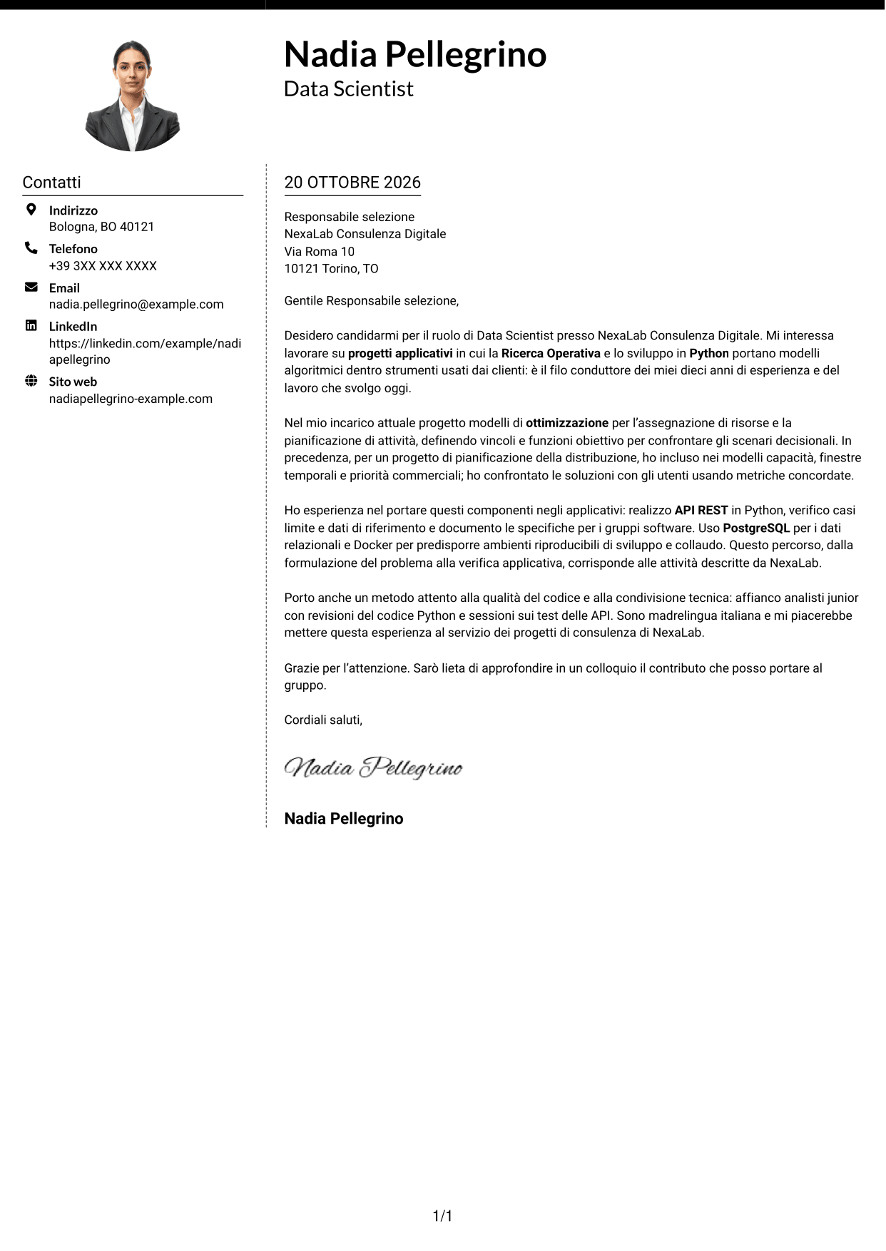 Lettera di presentazione Moderno (formato a due colonne con foto a sinistra e separatore): Data Scientist - Python e Ricerca Operativa, pagina 1