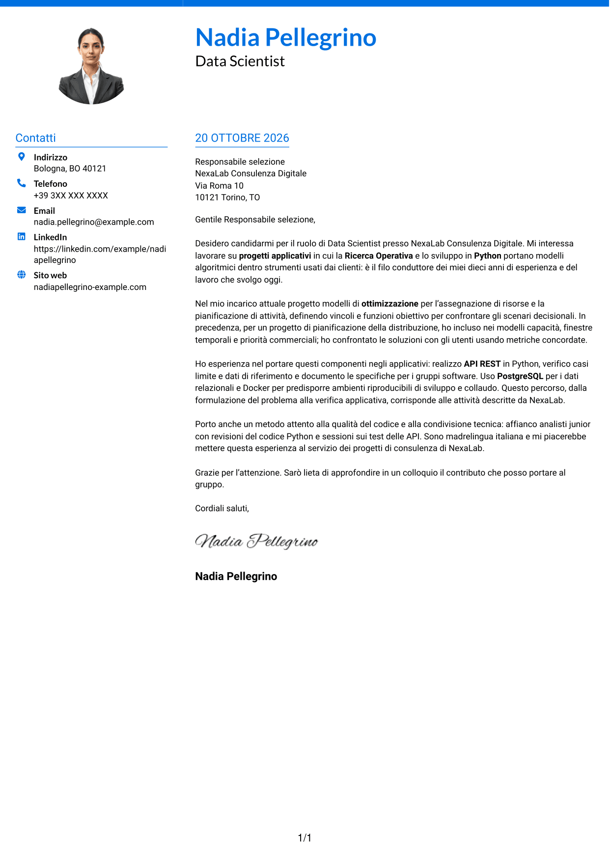 Lettera di presentazione Audace (formato a due colonne con accenti colorati e foto): Data Scientist - Python e Ricerca Operativa, pagina 1