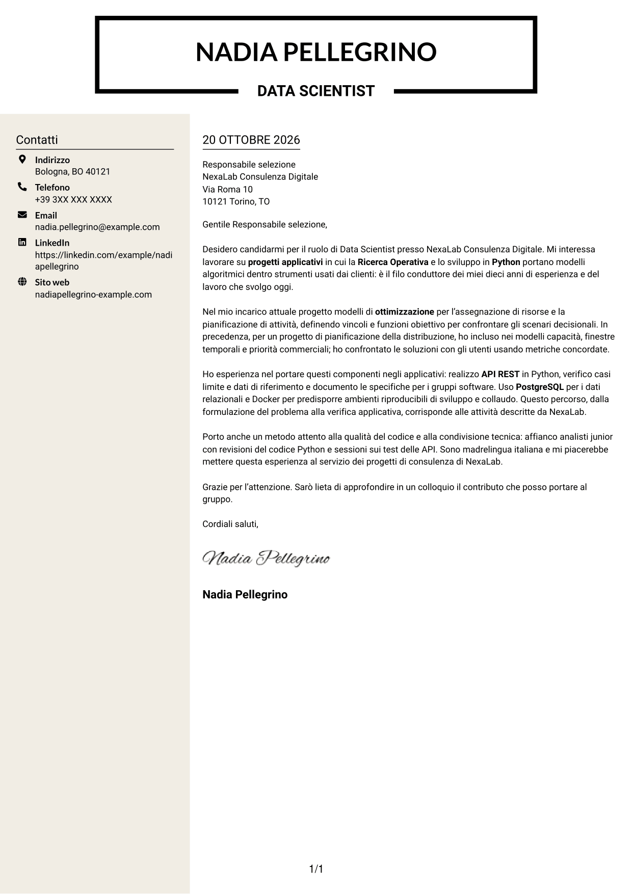 Lettera di presentazione Intraprendente (formato a due colonne con intestazione centrata senza foto): Data Scientist - Python e Ricerca Operativa, pagina 1