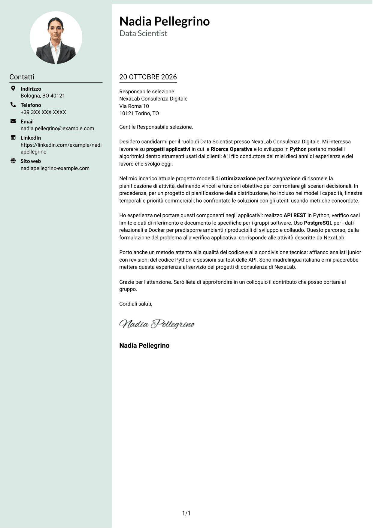 Lettera di presentazione Dirigente (formato con colonna laterale tenue e foto arrotondata): Data Scientist - Python e Ricerca Operativa, pagina 1