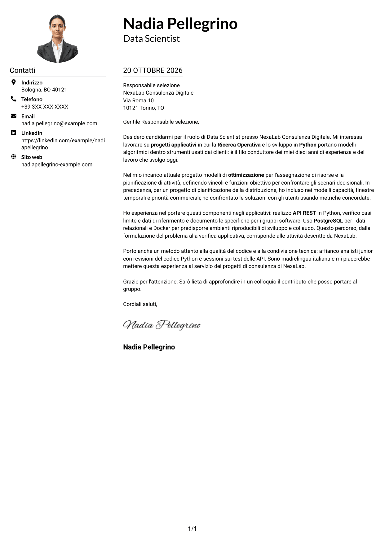 Esempio di lettera di presentazione — pagina 1