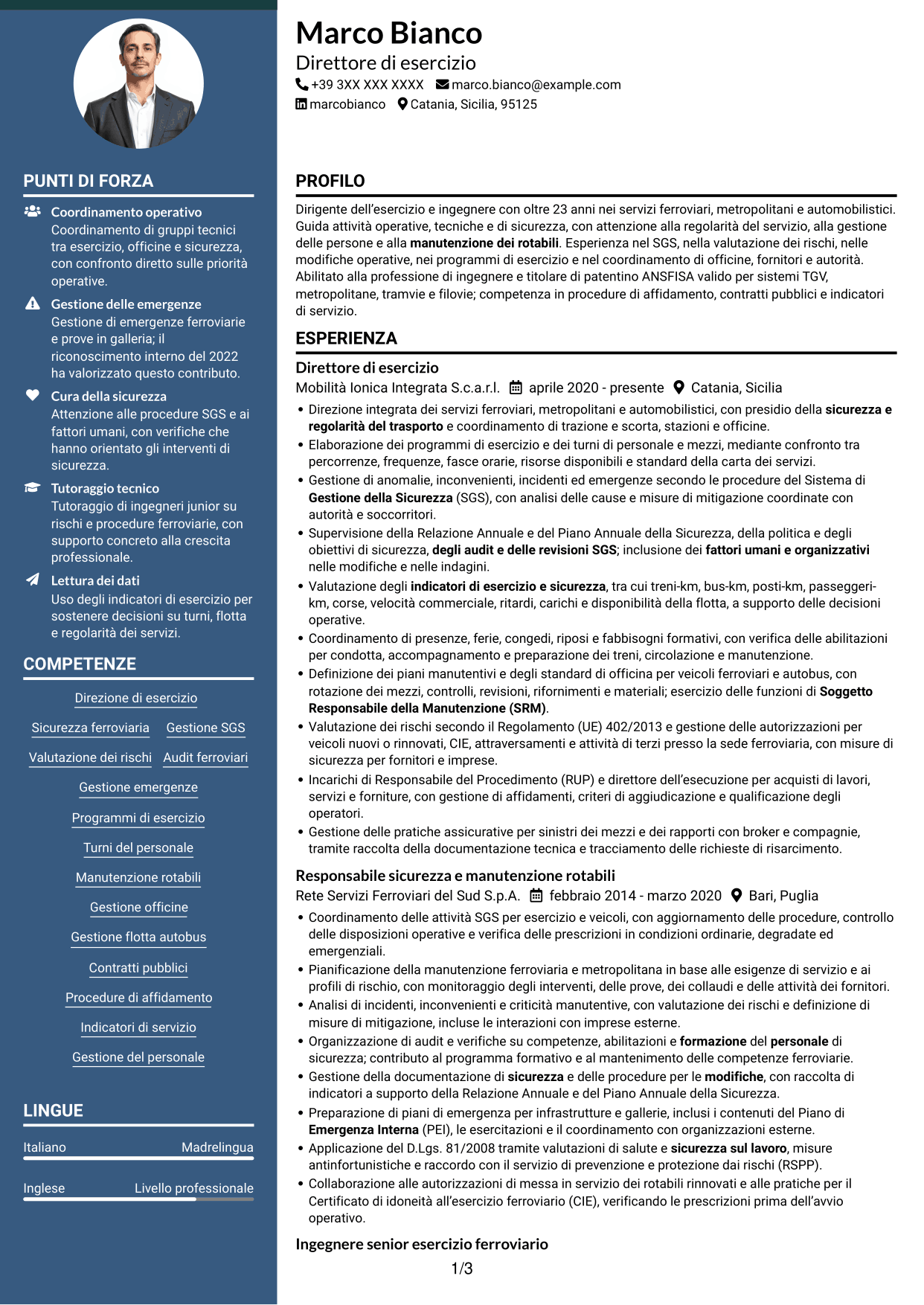 CV Elegante (formato con colonna laterale colorata e foto): Direttore di esercizio - Trasporto ferroviario e metropolitano, pagina 1