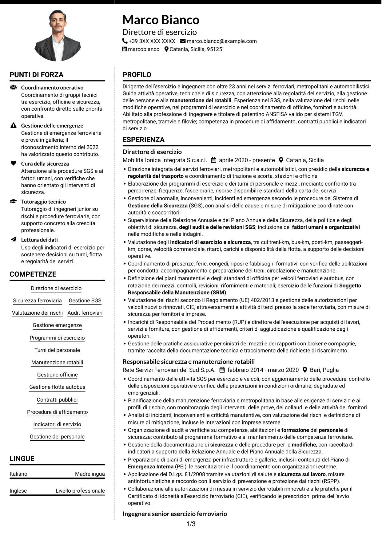 CV Moderno (formato a due colonne con foto a sinistra e separatore): Direttore di esercizio - Trasporto ferroviario e metropolitano, pagina 1